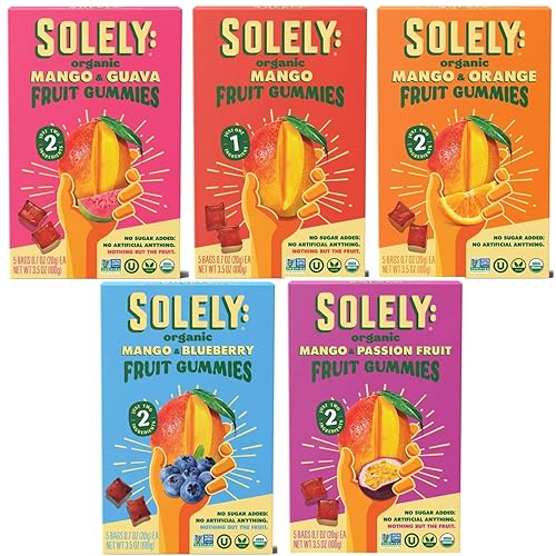 SOLELY Organic Fruit Gummies Variety Pack, Mango, Mango & Orange, Mango & Guaba, Mango & Passion Fruit, Mango & Blueberry, Total 5 Packs, LIVEBEAR