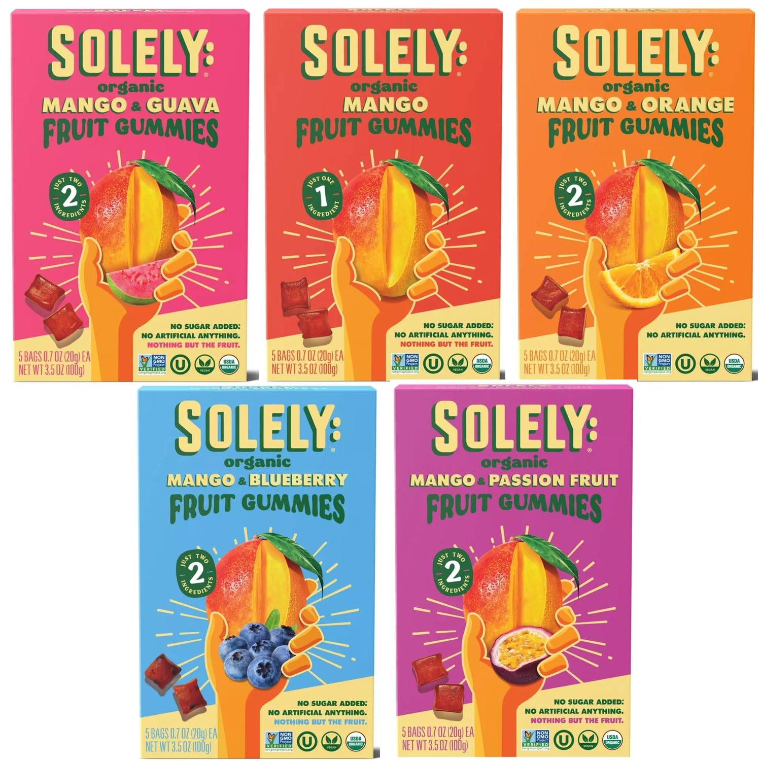 SOLELY Organic Fruit Gummies Variety Pack, Mango, Mango & Orange, Mango & Guaba, Mango & Passion Fruit, Mango & Blueberry, Total 5 Packs, LIVEBEAR