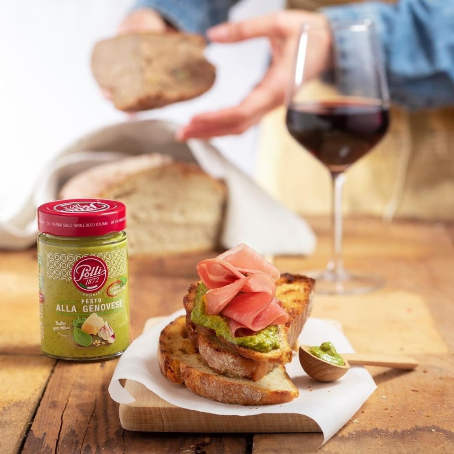 Polli Pesto Sauce Traditional Basil | Pasta Risotto and Bruschetta Sauce | Made In Italy - 1 Pack 6.7 oz with Shipping Box