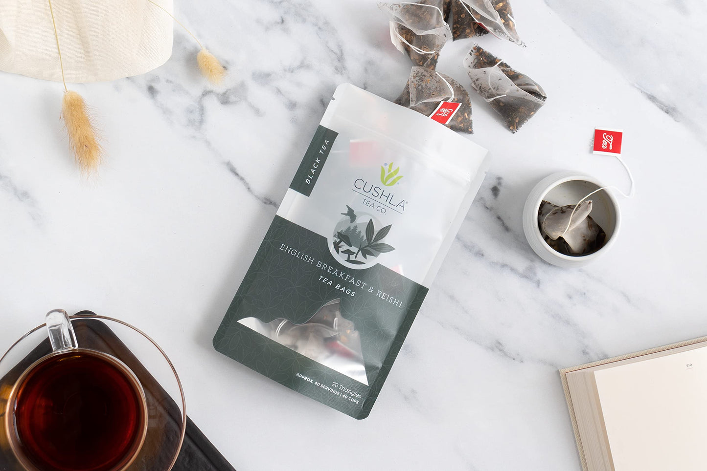 Reishi Mushroom Tea & Premium English Breakfast Tea - Black Tea With Lingzhi, Ganoderma 20 Triangles