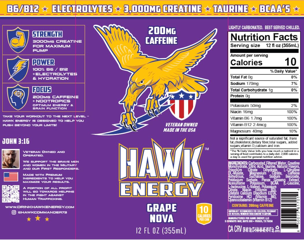 HAWK ENERGY PERFORMANCE - GRAPE NOVA - Premium Sugar Free Energy Drink - 12 Pack - 12 oz cans - Focus and Power - 3000 mg Creatine, 200mg Caffeine