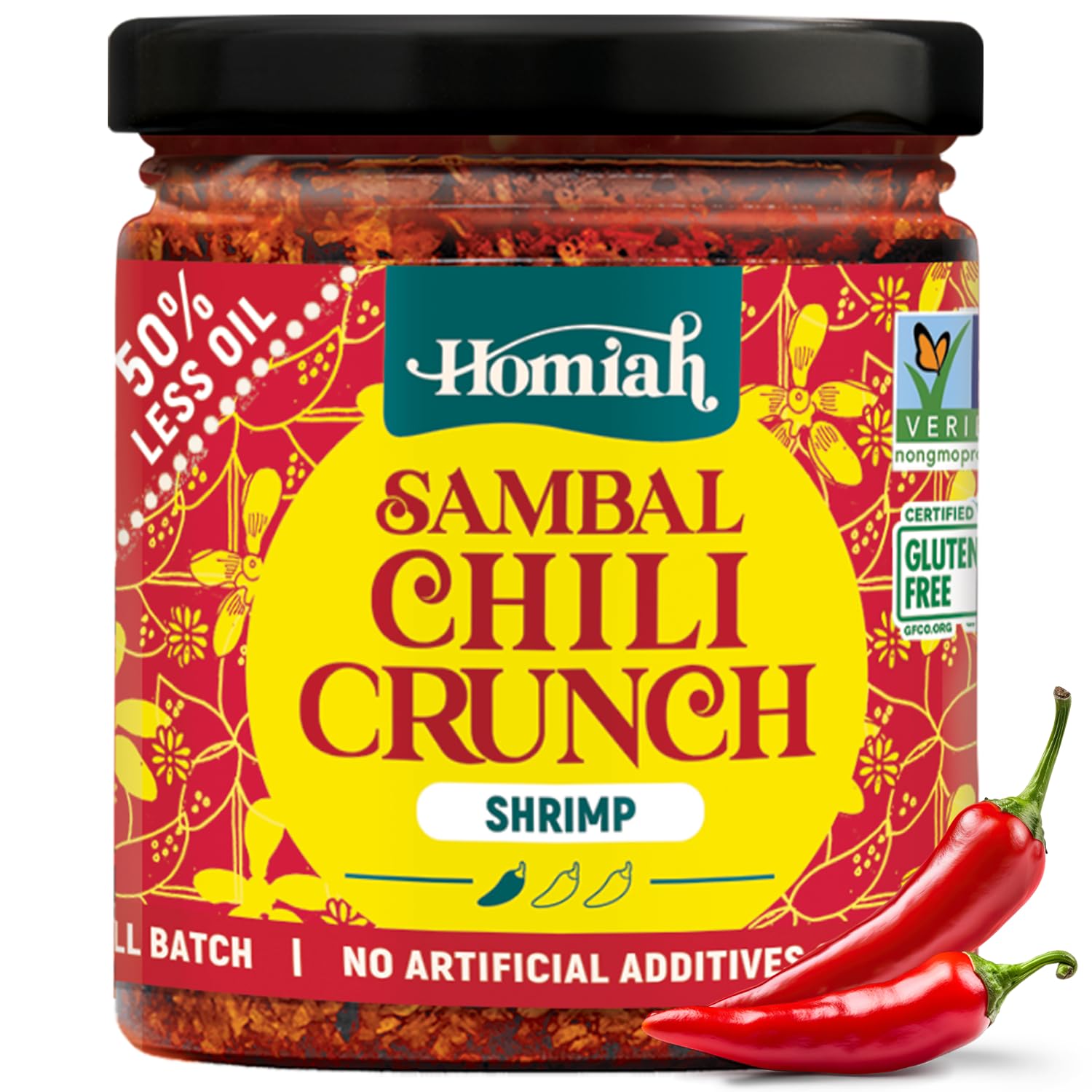 Homiah Sambal Chili Crunch, Shrimp, 6oz - Less Oil Low Sodium Gluten Free Non-GMO, Sambal Oelek Chili Paste, Shrimp Paste, Crispy Crunch Topping