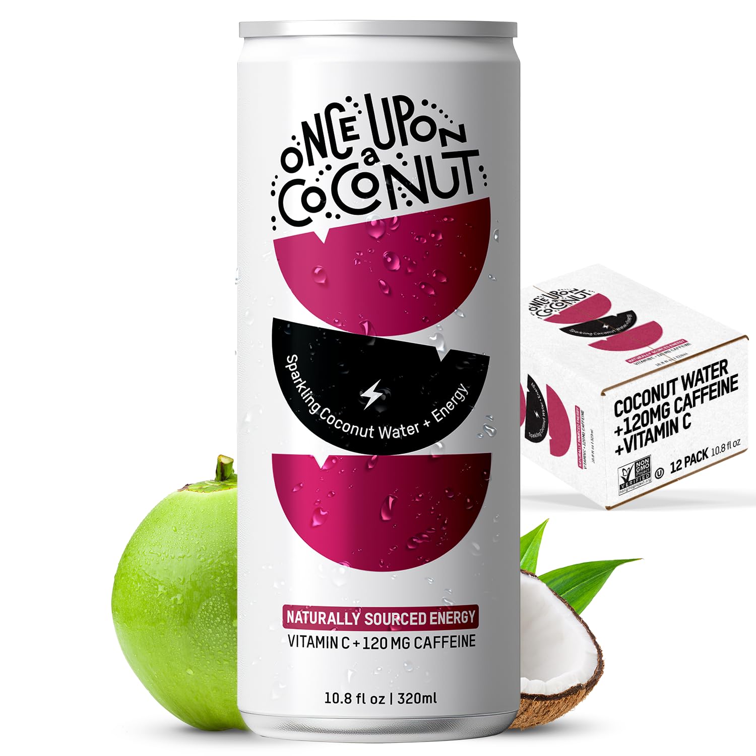 Once Upon a Coconut Sparkling Coconut Water + Energy - Low Calorie All-Natural Drink with Electrolytes - Non-GMO - Gluten-Free - 10.8 Fl Oz (Pack