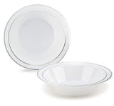 OCCASIONS 120 Bowls Pack, Heavyweight Disposable Wedding Party Plastic Bowls (14oz Soup Bowl, White & Silver Rim)