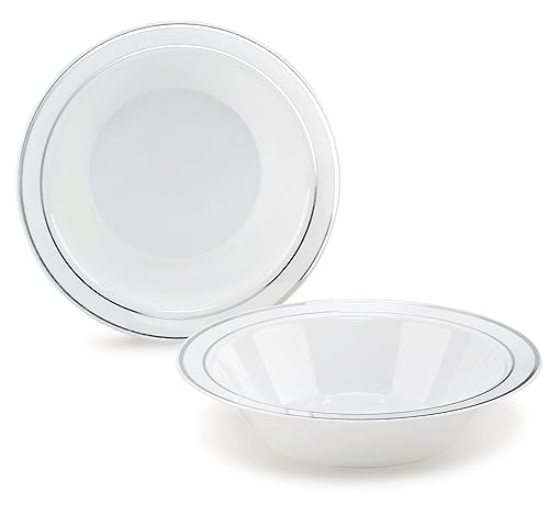 OCCASIONS 120 Bowls Pack, Heavyweight Disposable Wedding Party Plastic Bowls (14oz Soup Bowl, White & Silver Rim)