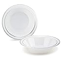 OCCASIONS 120 Bowls Pack, Heavyweight Disposable Wedding Party Plastic Bowls (14oz Soup Bowl, White & Silver Rim)