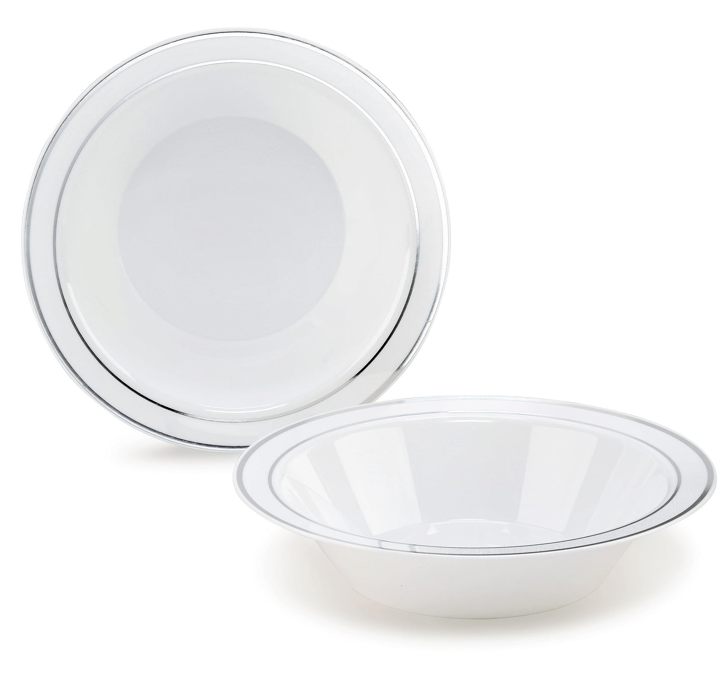 OCCASIONS 120 Bowls Pack, Heavyweight Disposable Wedding Party Plastic Bowls (14oz Soup Bowl, White & Silver Rim)