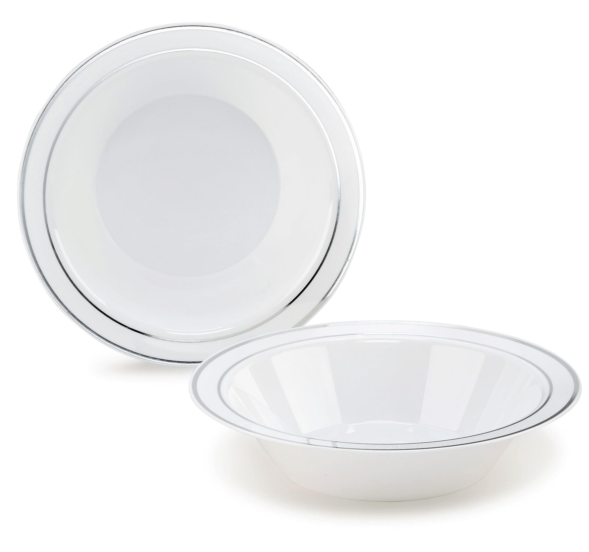 " OCCASIONS " 60 Pieces Plates Pack, Heavyweight Disposable Wedding Party Plastic Bowls (14oz Soup Bowl, White & Silver Rim)