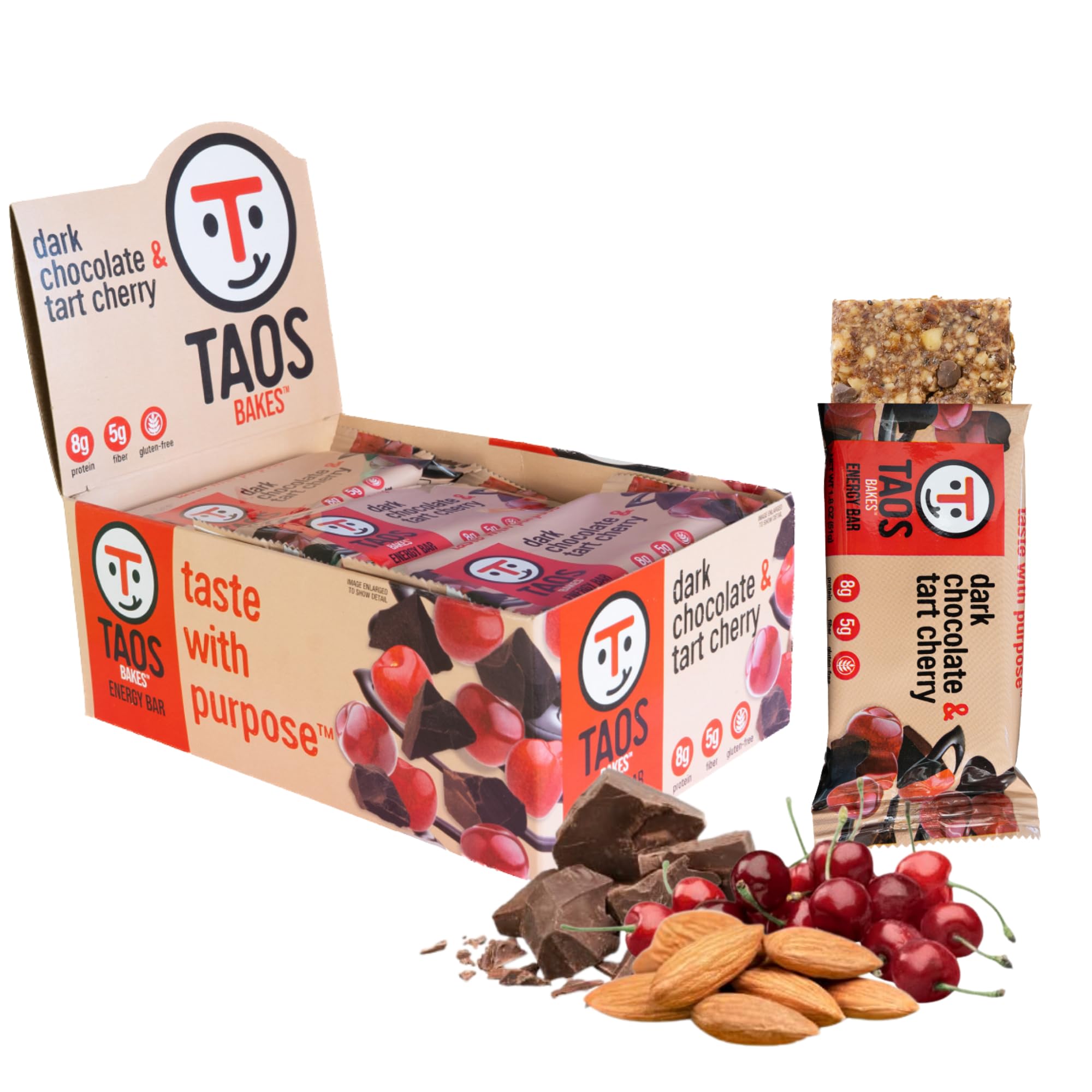 Taos Bakes - Dark Chocolate + Tart Cherry - Breakfast Bars - 8g of Protein, 6g Fiber, & Gluten Free - Healthy Snack for Adults - Filled with Almonds