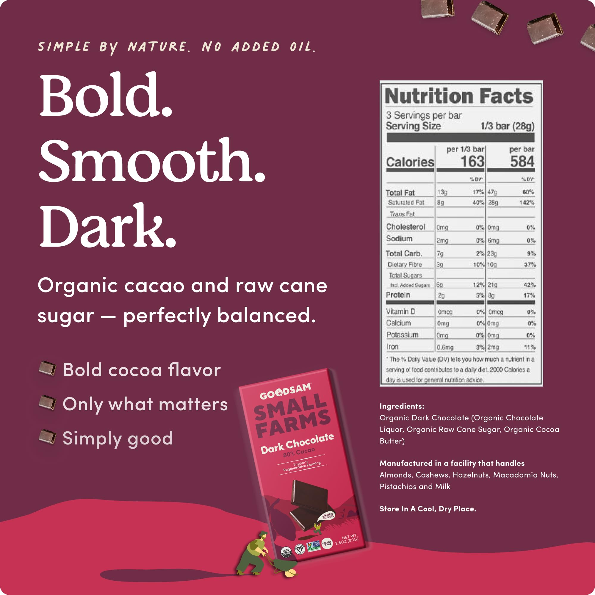 GoodSAM Organic 80% Dark Chocolate Bars (Pack of 3) - Non GMO, Vegan, Regenerative Farming, Direct Trade