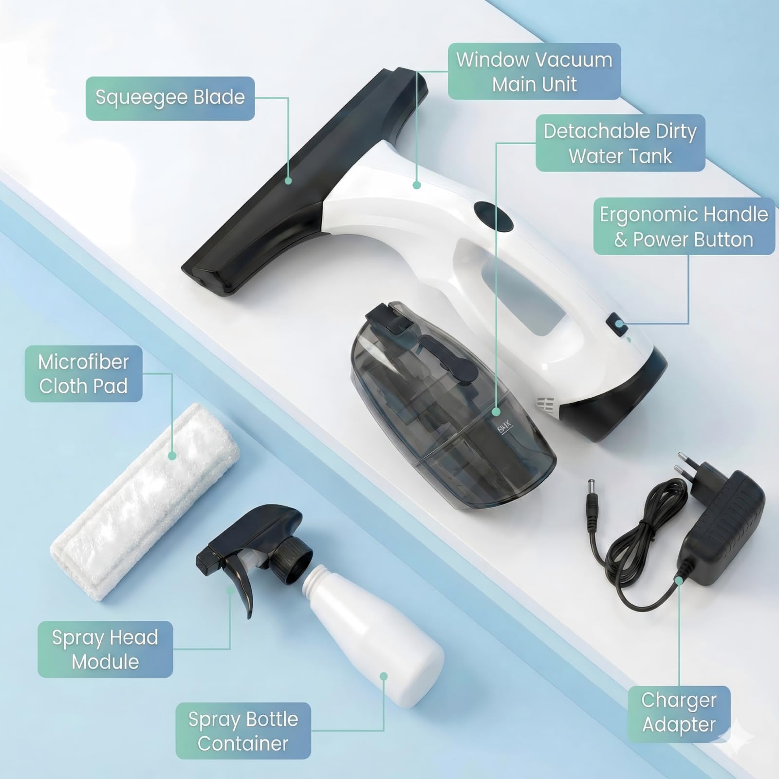 Electric Window Vacuum Squeegee, 2200mAh & 2000Pa Cordless Window Cleaner Tool with 150ml Water Collection Tank, Window Cleaning Kit for Shower Glass