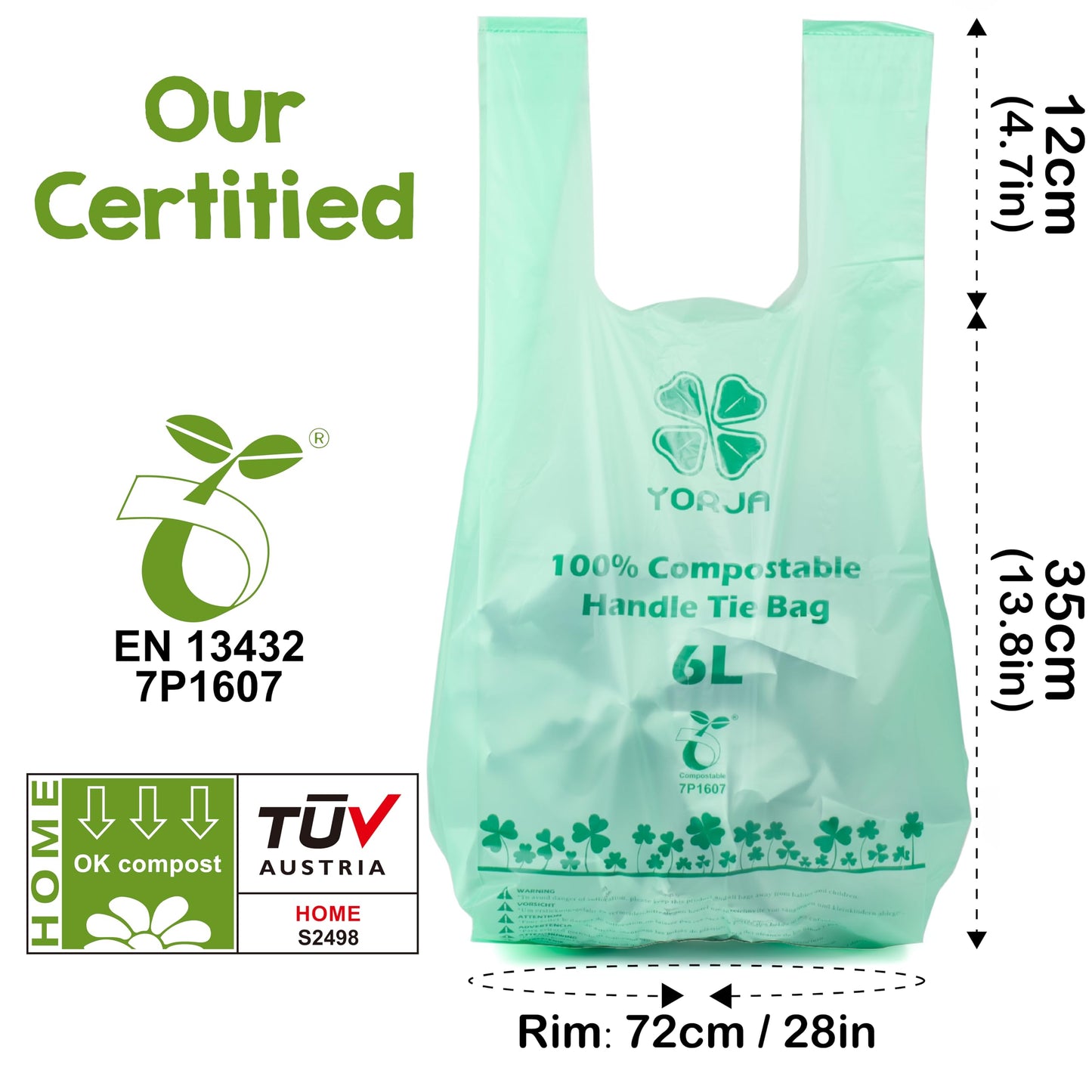 YORJA 1.6 Gallon Tie Handles Compost Trash Bags 120 Food Scrap Bags, Compostable Kitchen Waste Bags with Europe EN13432 & ASTM D6400 Certified
