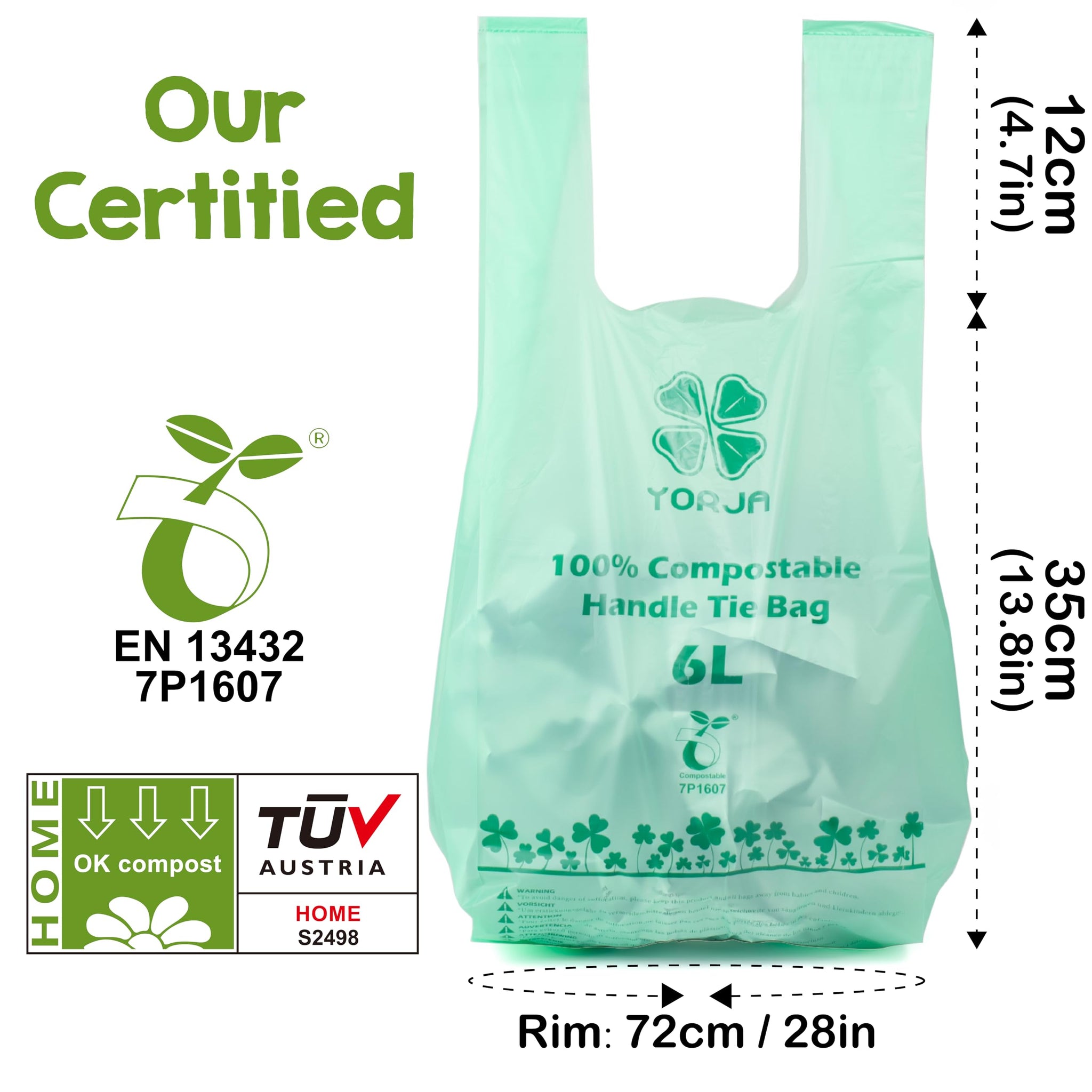 YORJA 1.6 Gallon Tie Handles Compost Trash Bags 120 Food Scrap Bags, Compostable Kitchen Waste Bags with Europe EN13432 & ASTM D6400 Certified
