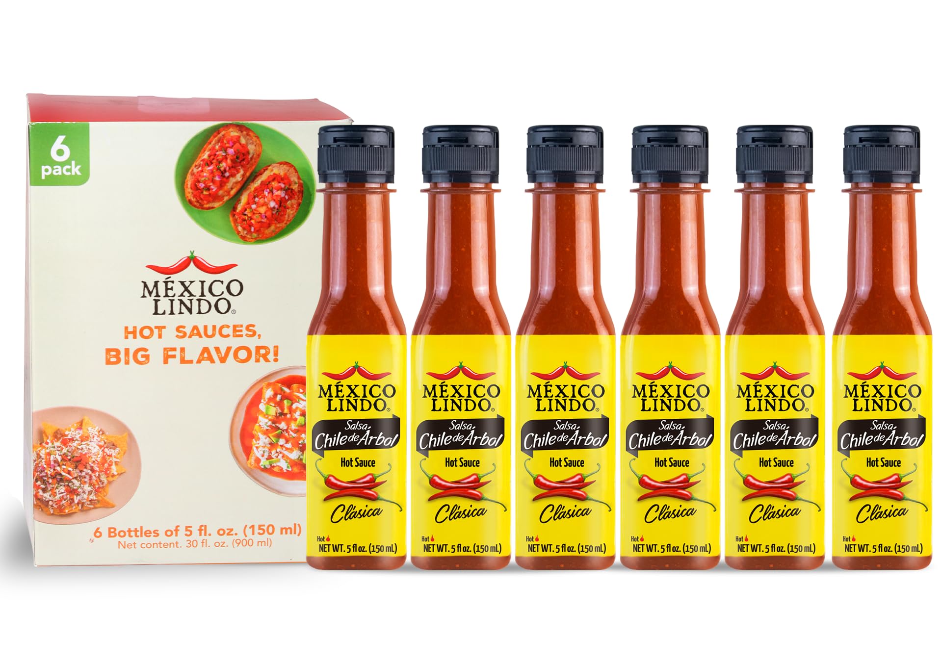 Mexico Lindo Chile de Arbol Hot Sauce Ingredients | 12,190 Scoville Level | Classic Flavor | 5 Fl Oz Bottles (Pack of 6)