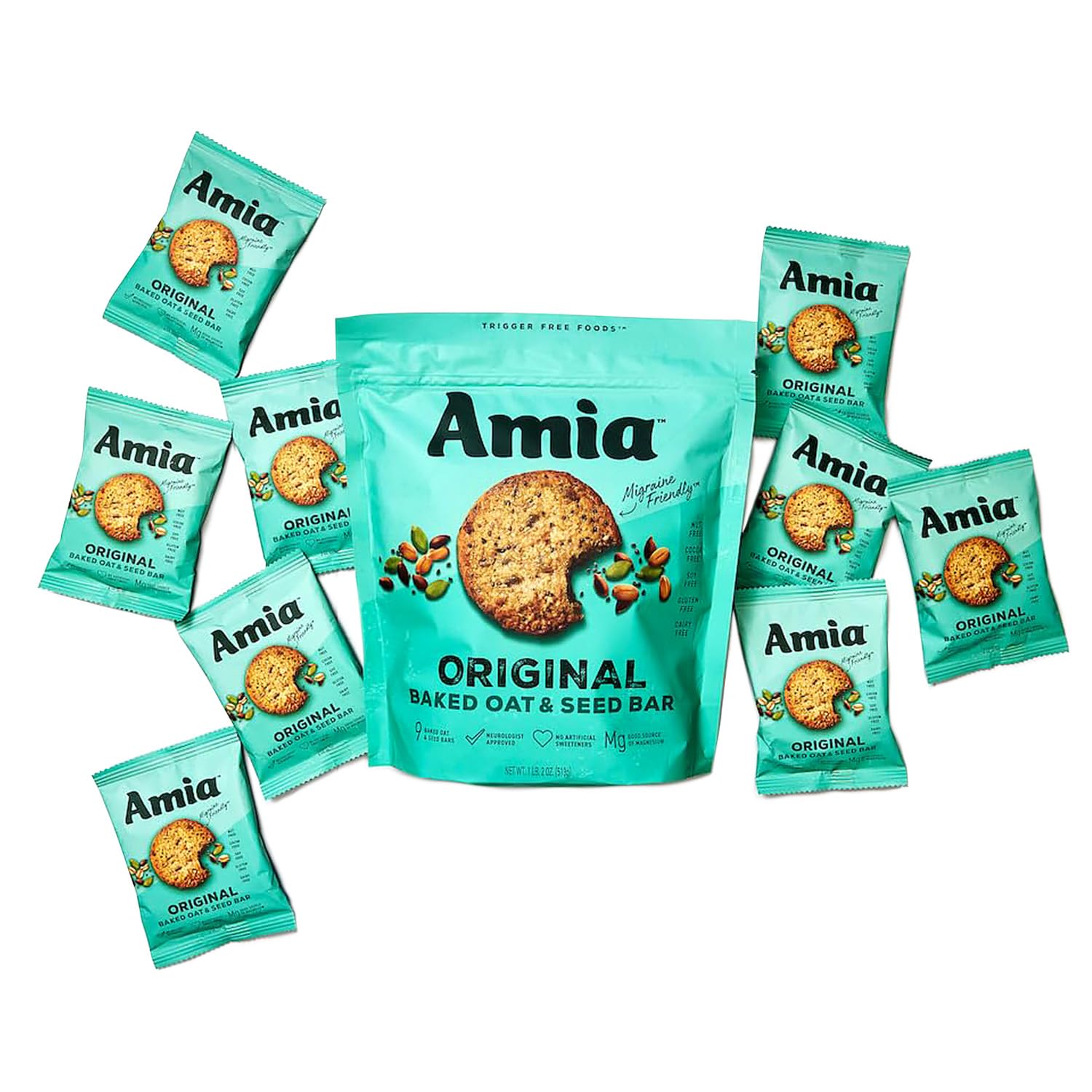 Amia Original Baked Oat Bars with Seeds, Migraine Friendly Gluten Free Protein Granola Bars, Nut Free, Vegan Snacks, Plant Based Protein Bars, No