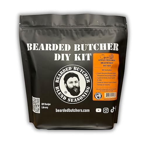 Bearded Butchers Apple Cinnamon Bratwurst DIY Kit - Make Sweet & Savory Homemade Brats - Includes Apple Cinnamon Seasoning, Dried Apples, and 32mm