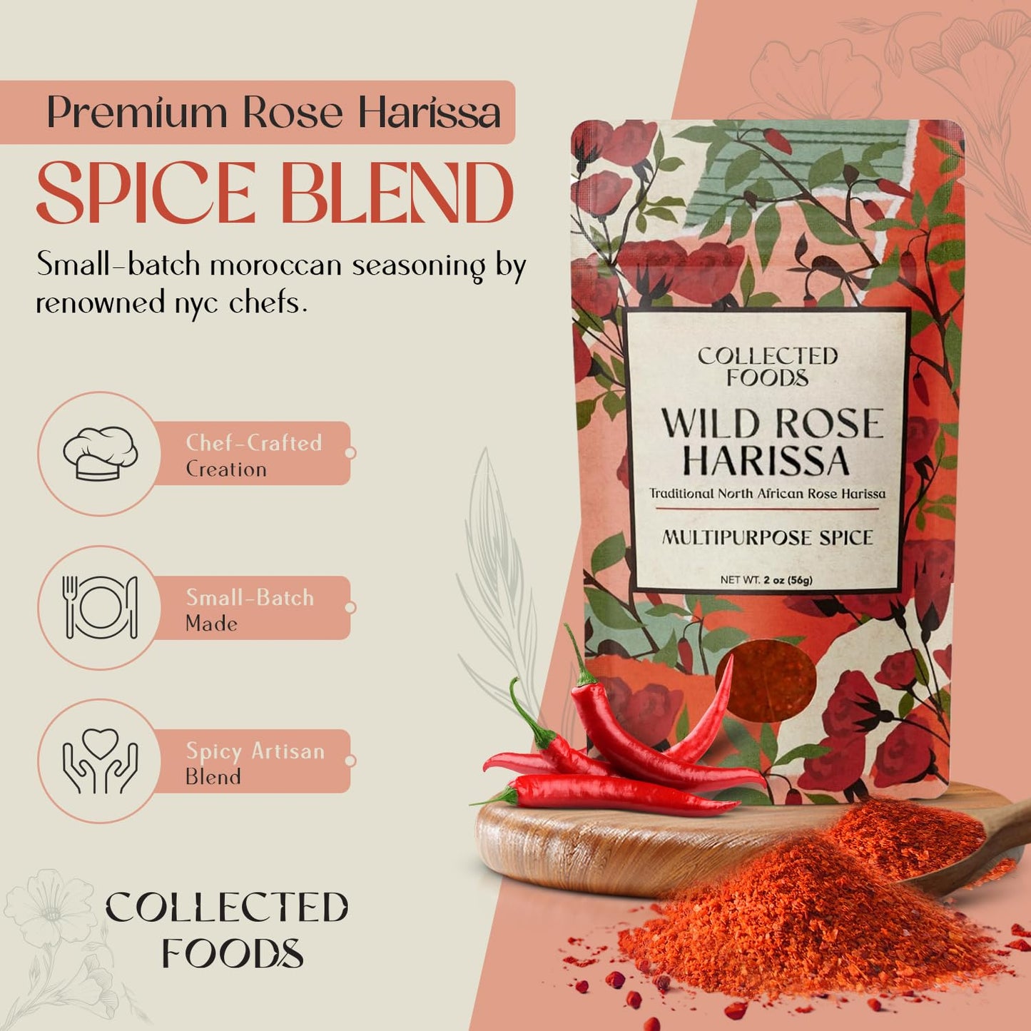 Premium Rose Harissa Spice Blend - Small-Batch Moroccan Seasoning with Chiles & Rose Petals - Perfect for Meats, Veggies, Stews & Marinades - Crafted