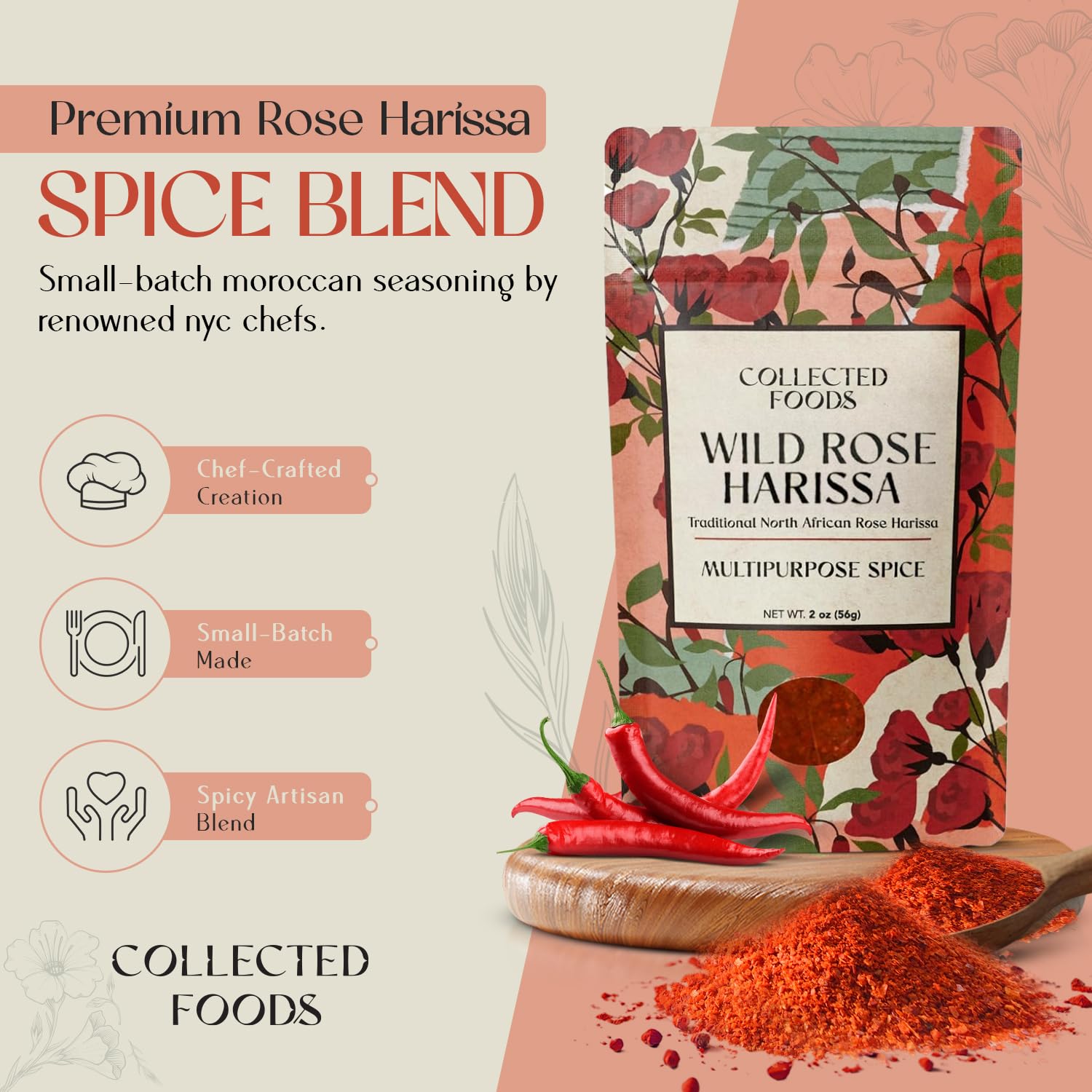 Premium Rose Harissa Spice Blend - Small-Batch Moroccan Seasoning with Chiles & Rose Petals - Perfect for Meats, Veggies, Stews & Marinades - Crafted