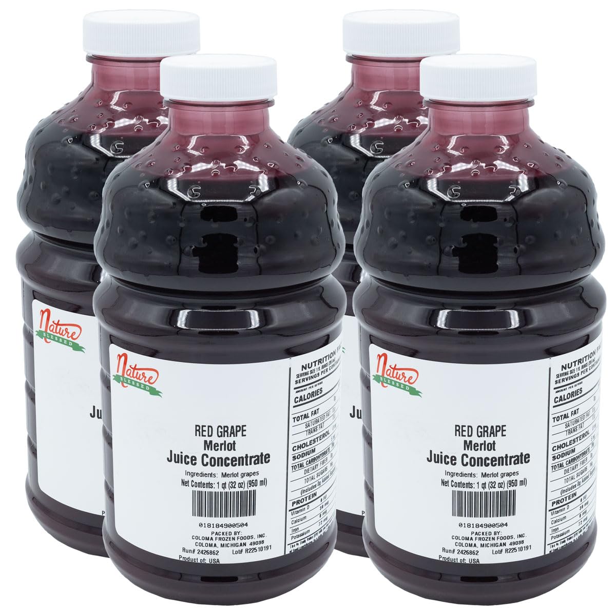 Nature Blessed 100% Pure Merlot Red Grape Fruit Juice Concentrate - 4 Quarts (4/2 fl oz bottles) Excellent for Home Brewers or Vintners, Spirits
