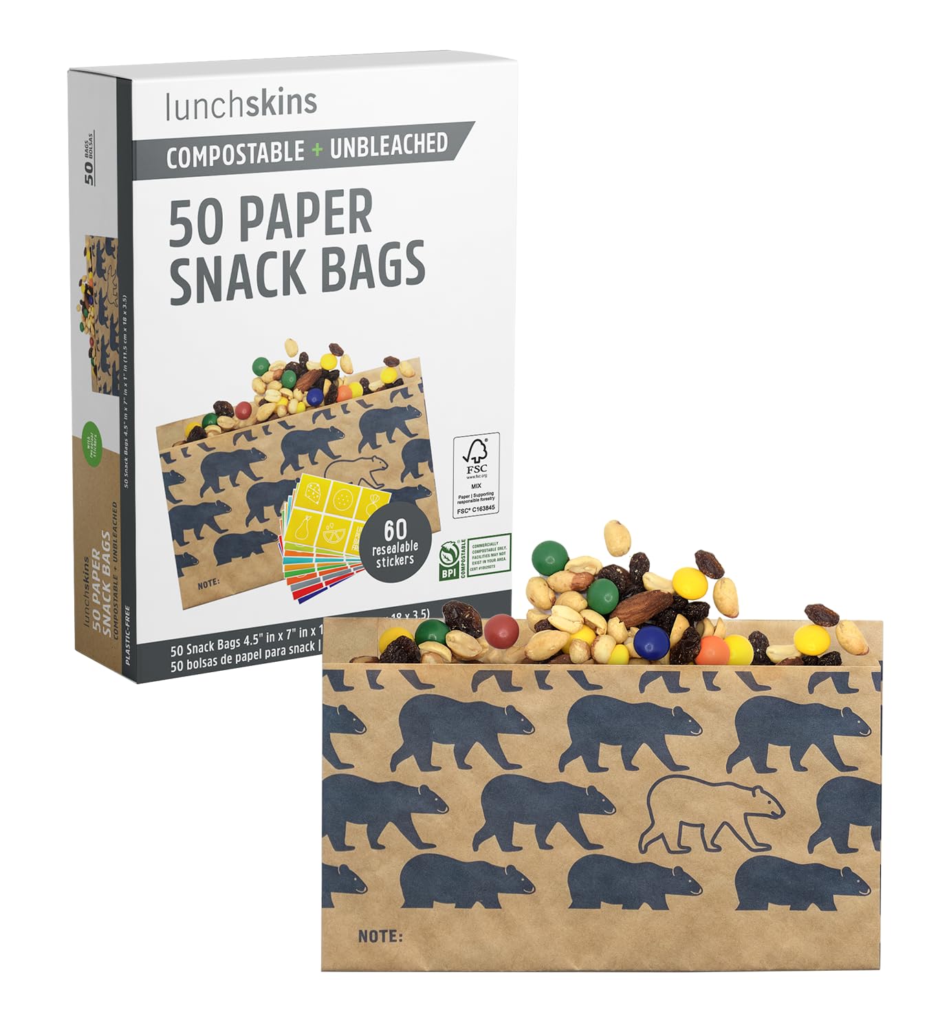 Lunchskins Compostable Snack Bags - 50 Count | Bear Design | Eco-Friendly Food Storage Bags Made from Unbleached Kraft Paper with Recyclable