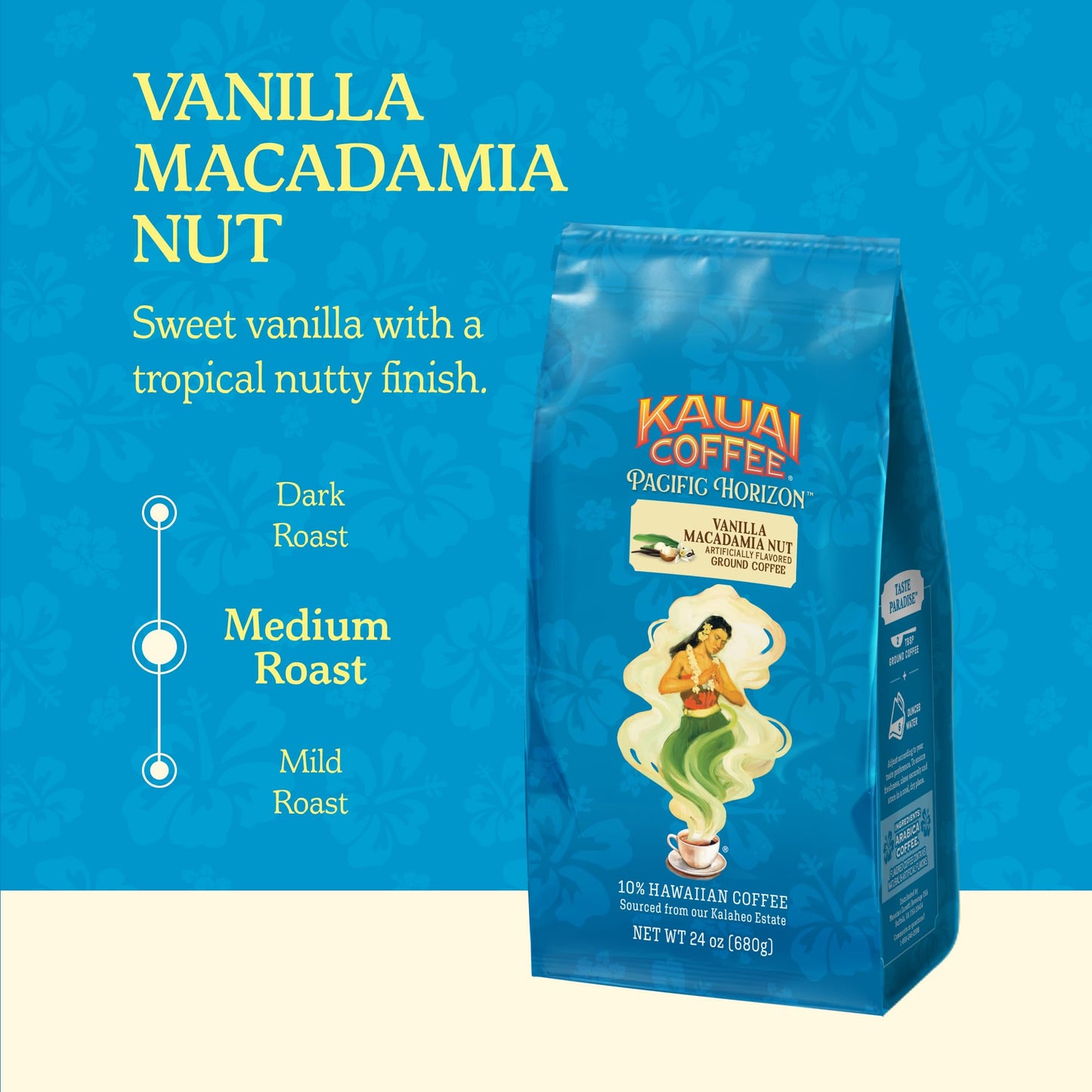Kauai Coffee Ground Coffee - Smooth, Rich, Medium Roast - Slightly Sweet Nutty Flavor - Arabica Coffee, 10% Hawaiian with No Bitterness - Vanilla