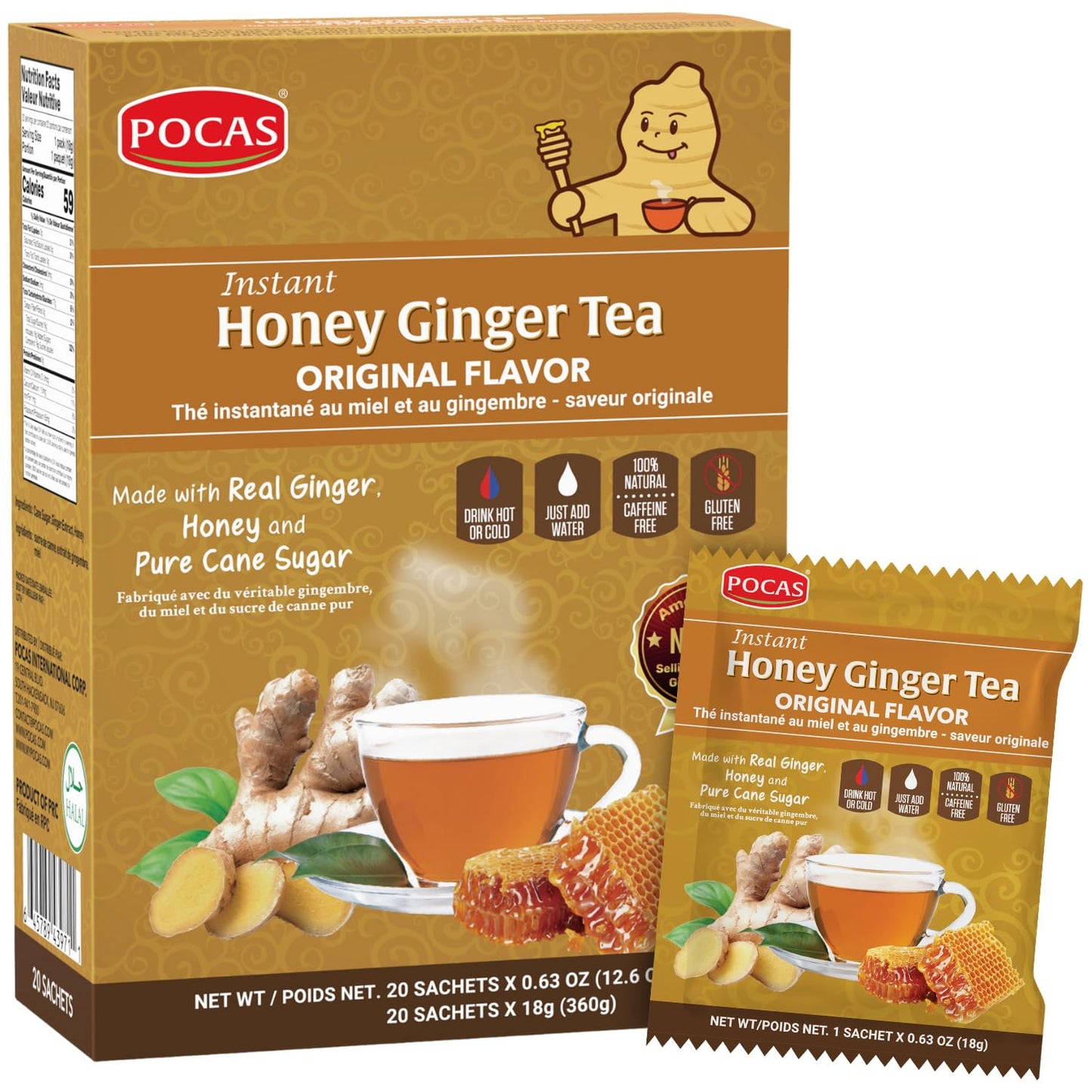 Pocas Honey Ginger Tea, Original, Instant Powder (20 Pack)
