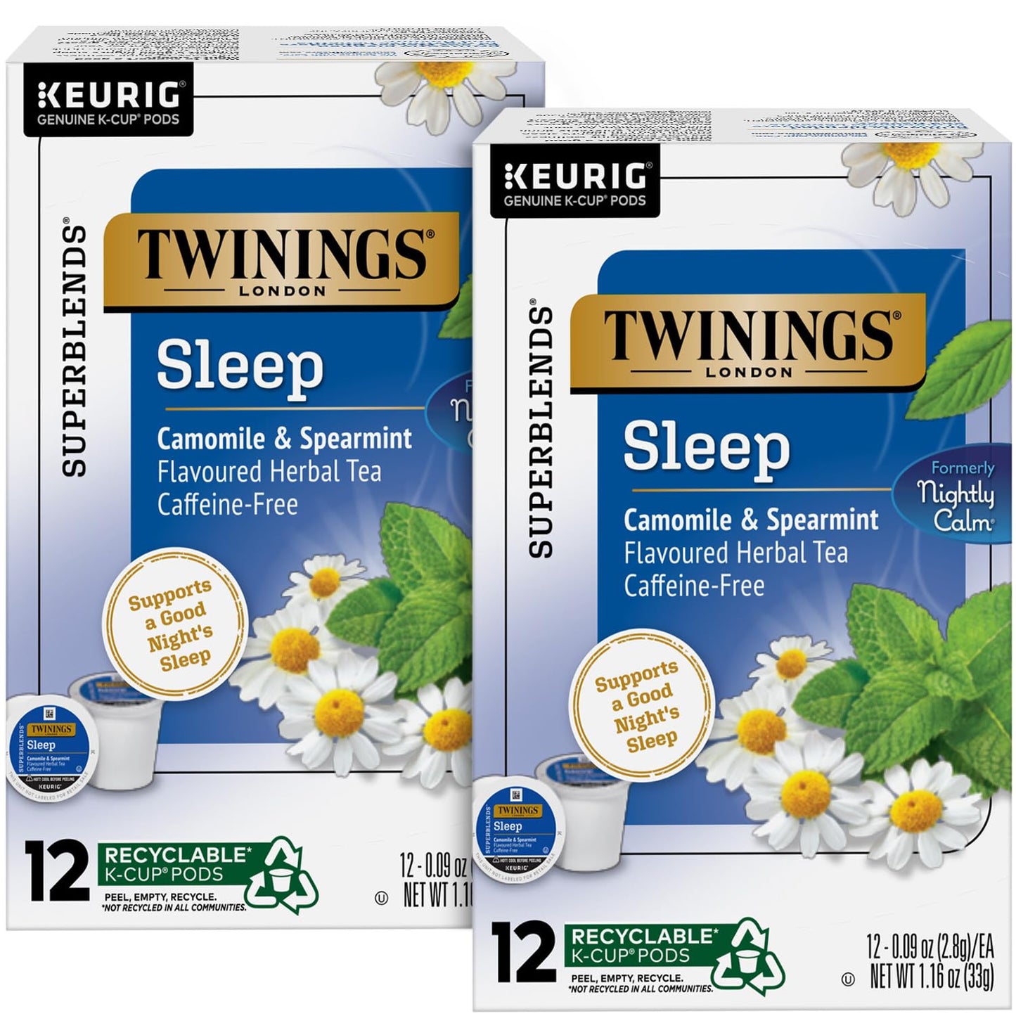 Twinings Nightly Calm Herbal Tea K-Cup Pods for Keurig - Sleep Tea, Bedtime Caffeine-Free Tea Blend, Soothing Chamomile, Relaxing Spearmint, Subtle