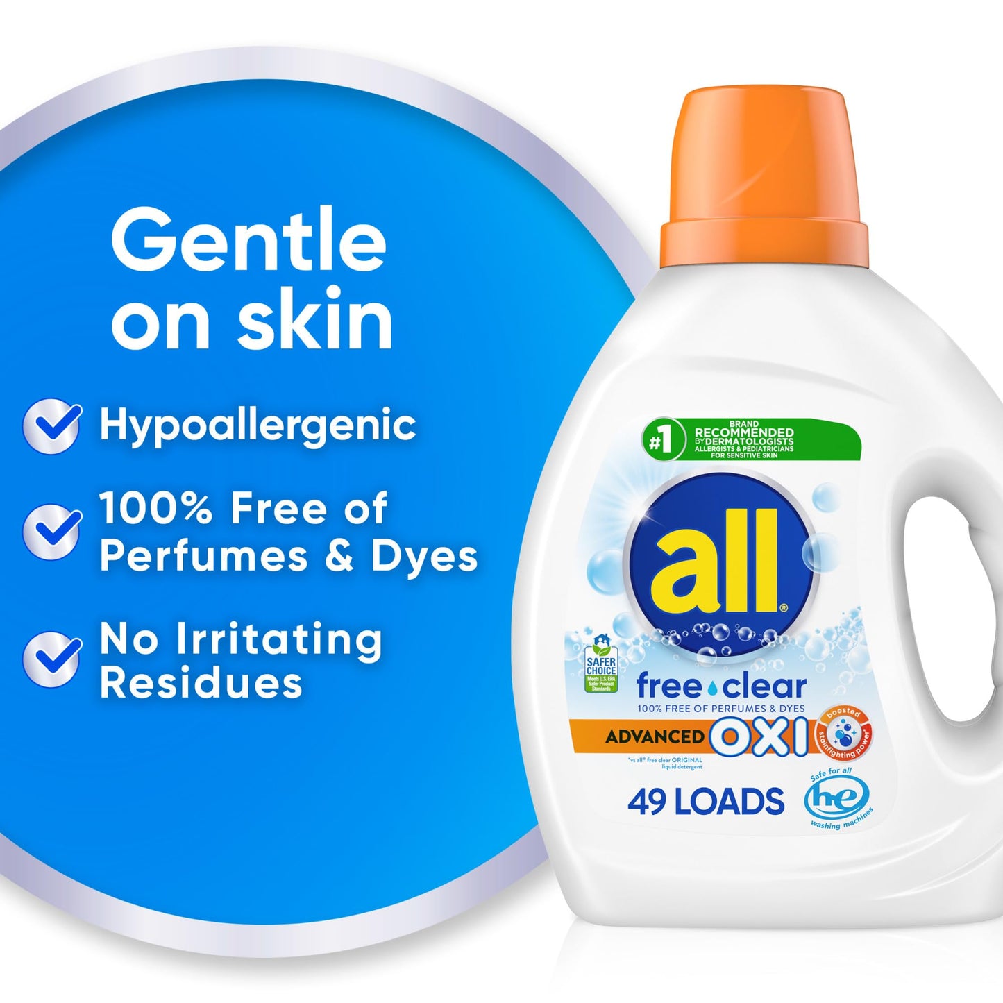 All, Liquid Laundry Detergent, Free Clear, Oxi, 49 Loads, 73 Ounce
