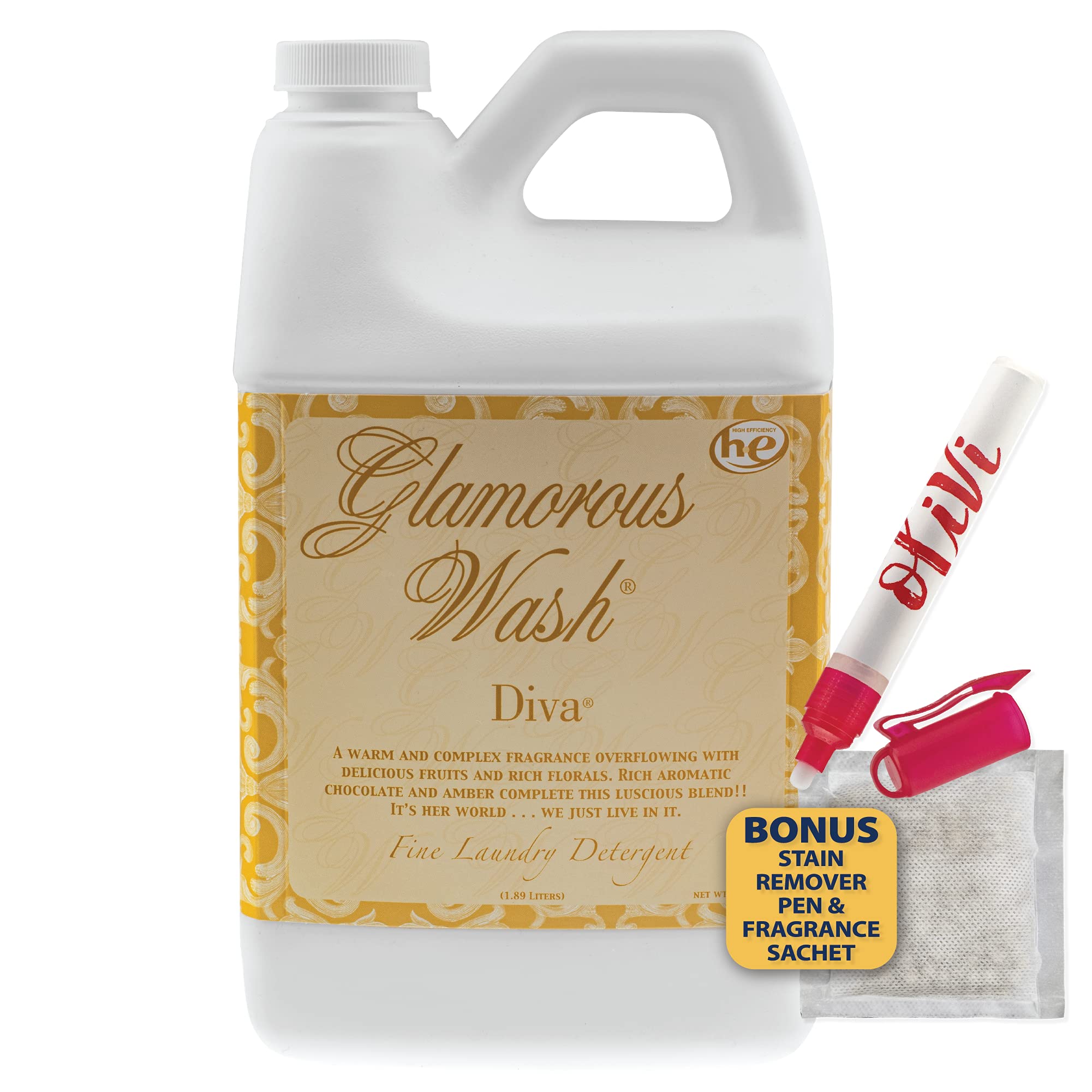 Tyler DIVA Glamorous Wash Laundry Detergent- 64oz - With Olivi Stain Remover Pen - Fresh Scented Sachet - Laundry Detergent - For Washing Clothes