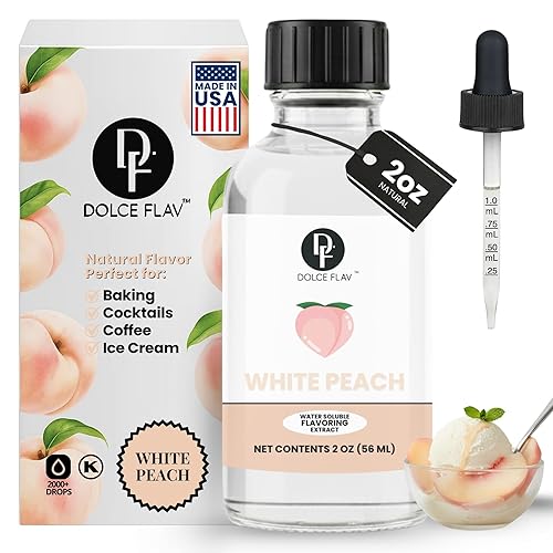 Dolce Flav Natural White Peach Extract 2 oz - Kosher, Sugar-Free, Concentrated Sweet White Peach Flavoring for Beverages, Desserts & Baking, Includes