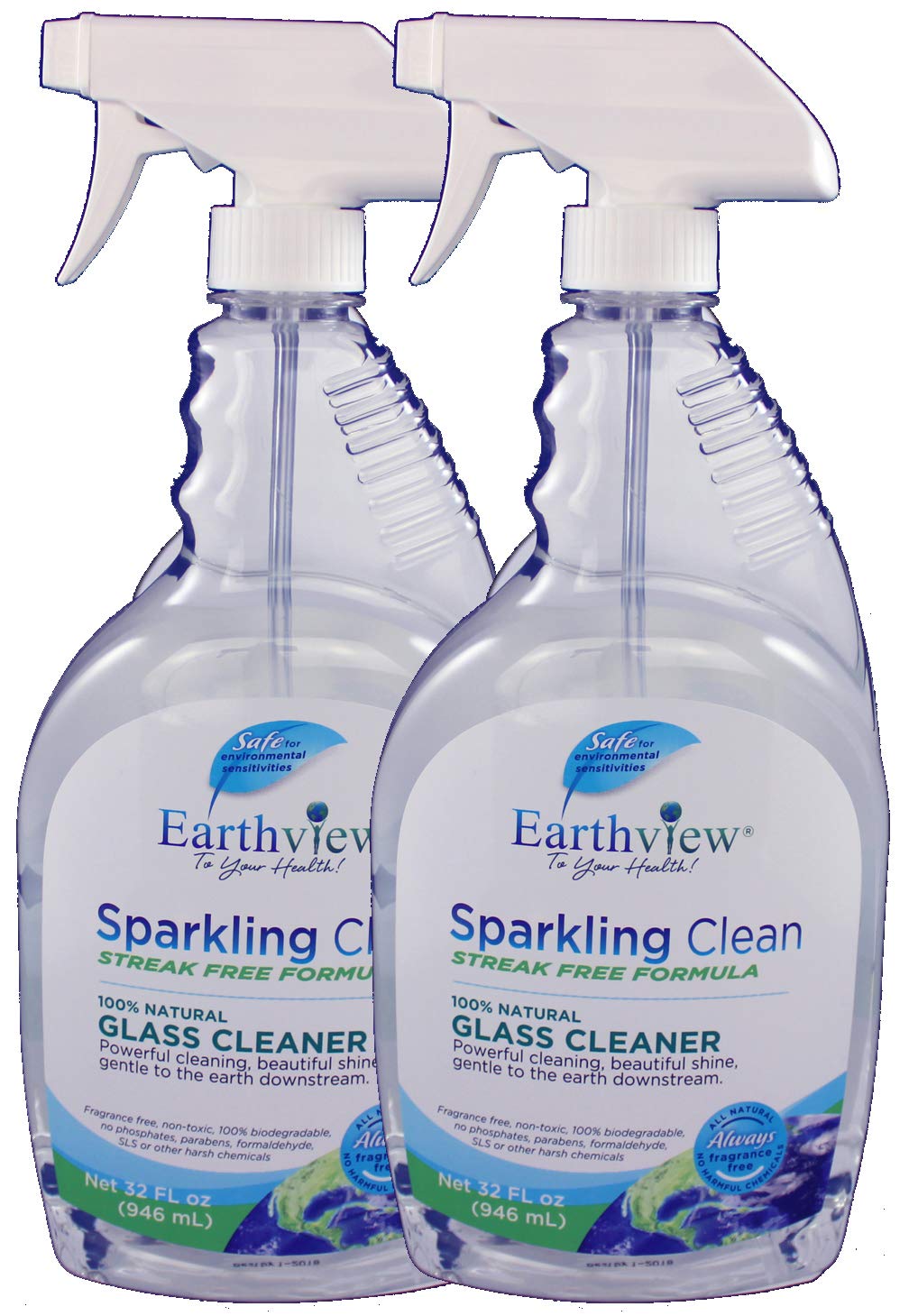 Earthview Glass Cleaner, Fragrance Free, 2 pk/ 32 oz- Designed for Environmental Sensitivities (MCS, EI, MI)