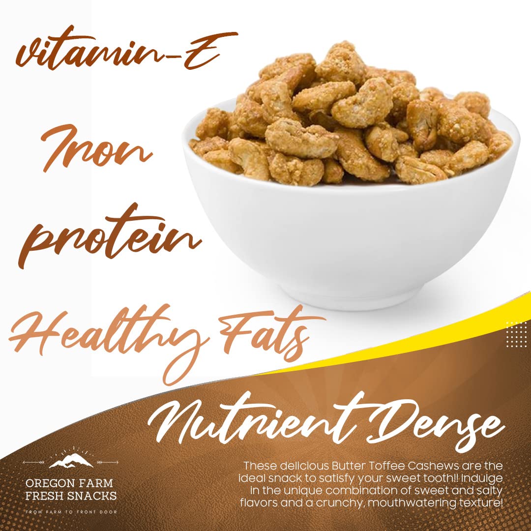 Oregon Farm Fresh Snacks Butter Toffee Cashews - Butter Toffee Coated Cashew Nuts - Delicious and Sweet Nut Snacks - Crunchy Cashew Nut Snack Packs