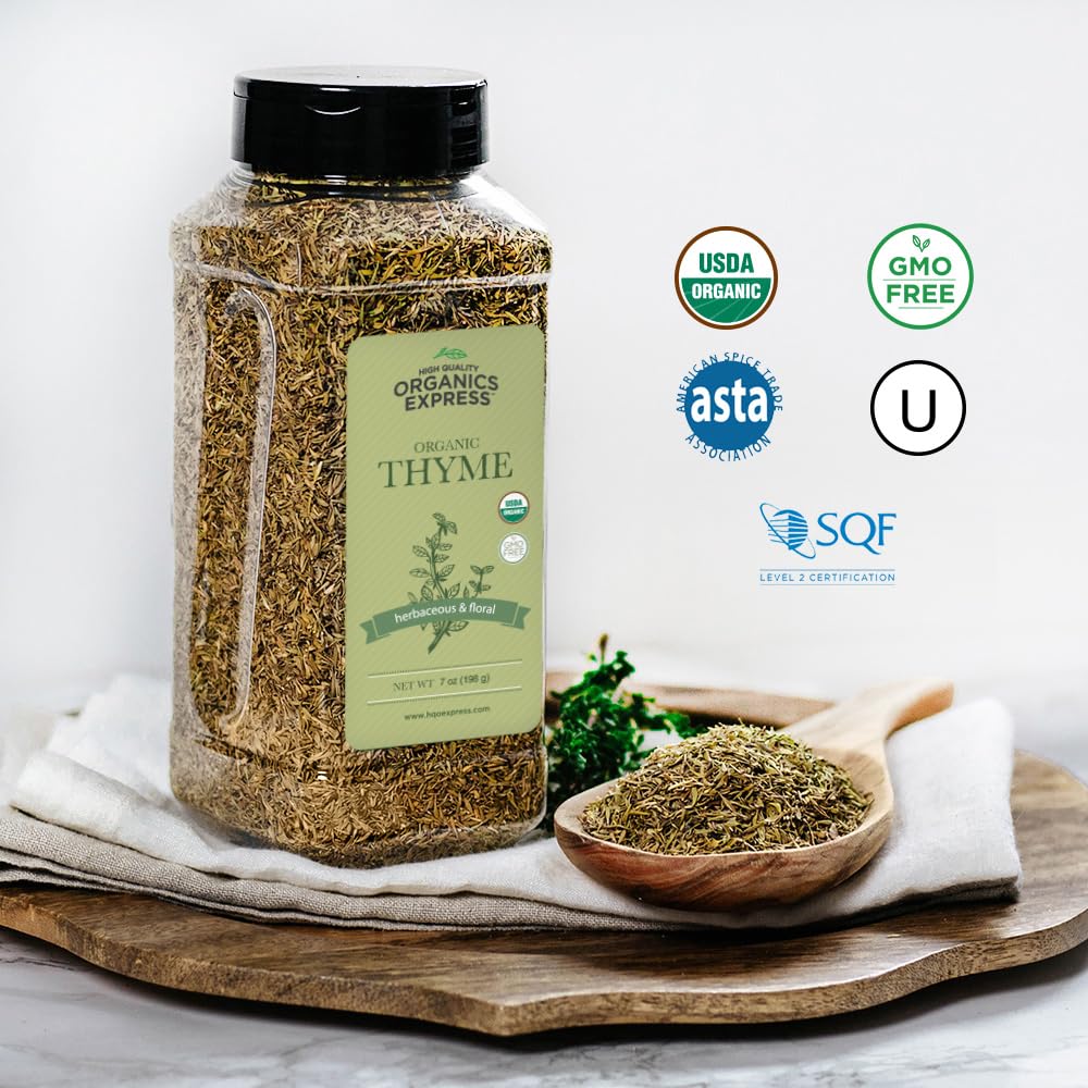 HQOExpress Organic Thyme Leaf - Non GMO, Kosher, USDA Certified Organic Dried Thyme Leaves - Aromatic and Savory Seasoning for Pastas, Soups