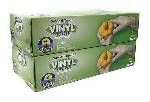 Sunset Brands 200 Disposable Vinyl Gloves, Large Size, Non-Sterile, Easy Slip On/Off, Smooth Touch, Food Service Grade