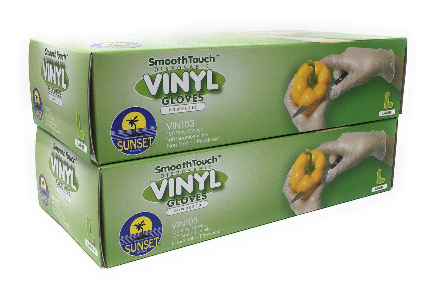 Sunset Brands 200 Disposable Vinyl Gloves, Large Size, Non-Sterile, Easy Slip On/Off, Smooth Touch, Food Service Grade