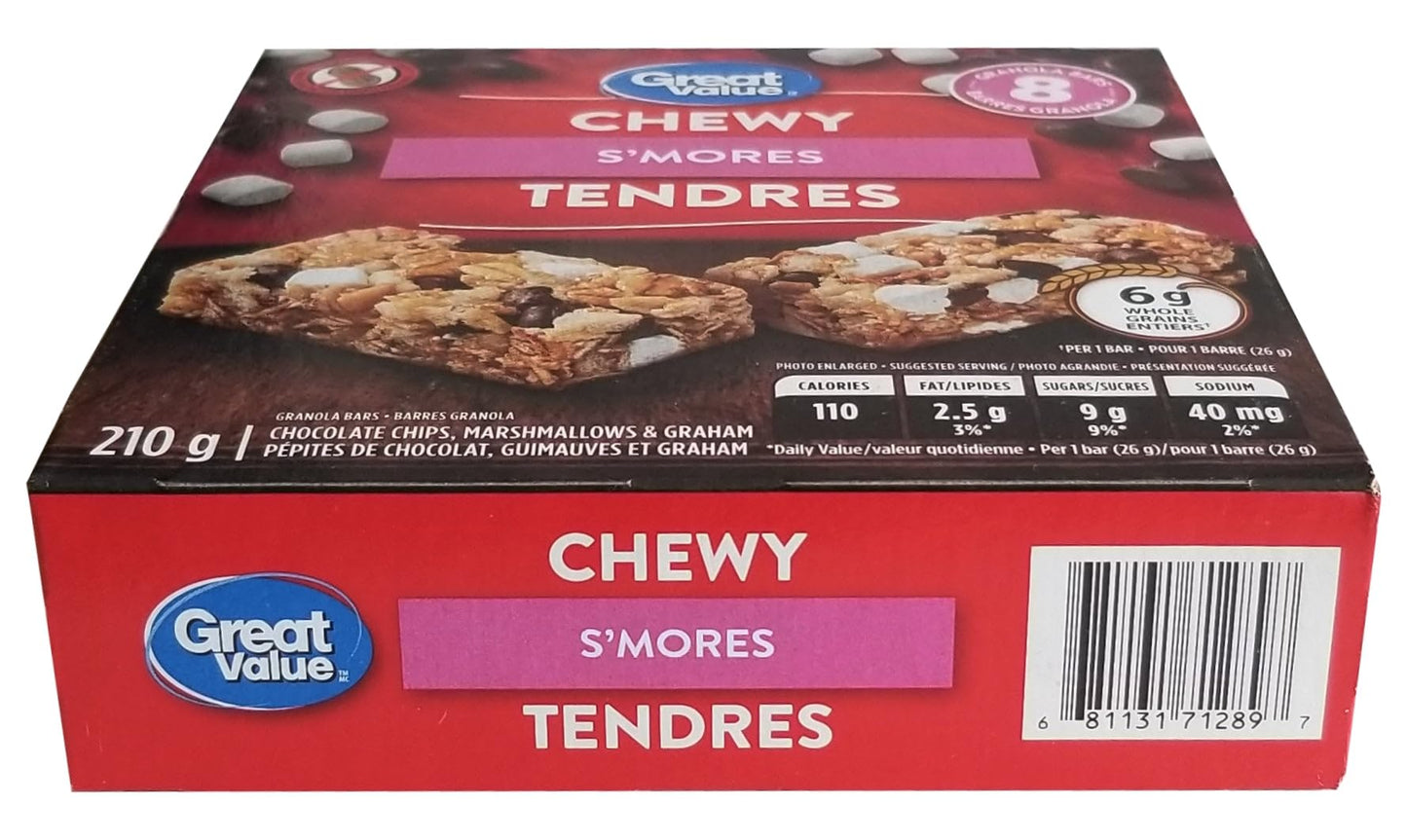Great Value Chewy S'mores Granola Bars, 8 Bars, 210g/7.35 oz. Box (Imported from Canada)