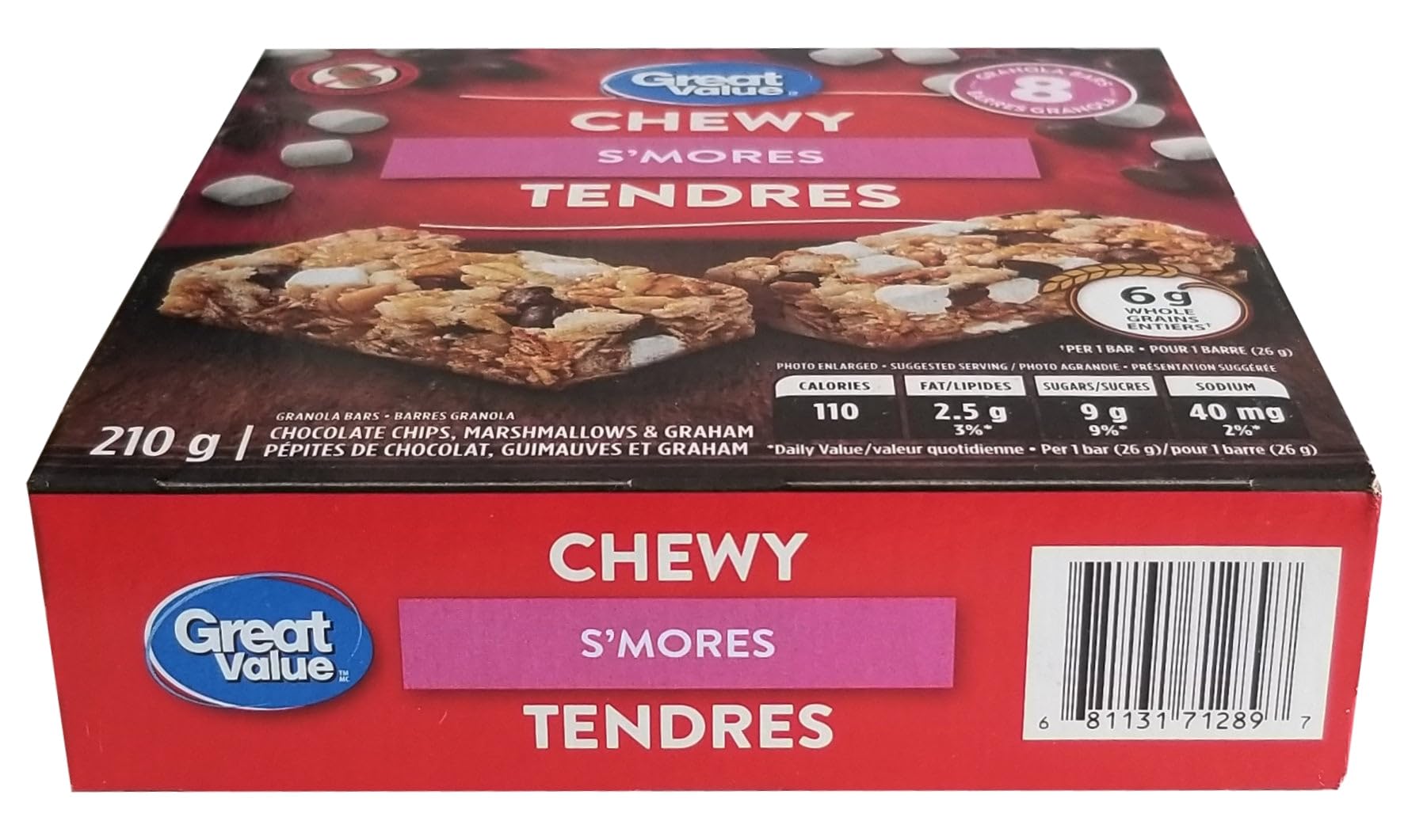 Great Value Chewy S'mores Granola Bars, 8 Bars, 210g/7.35 oz. Box (Imported from Canada)