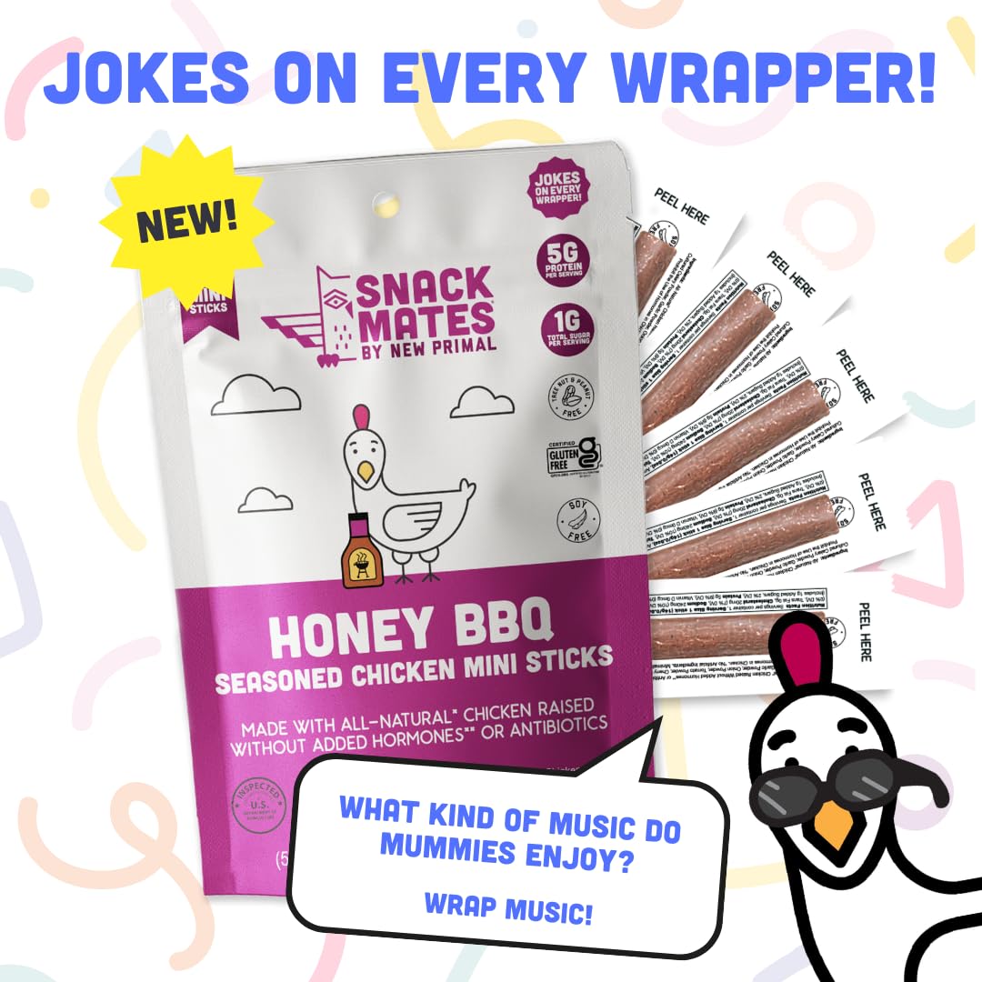 New Primal Snack Mates Honey BBQ Chicken Sticks, Healthy Snack for Kids, Low Sugar High Protein Back to School Snacks, Gluten Free, Mini Jerky Meat