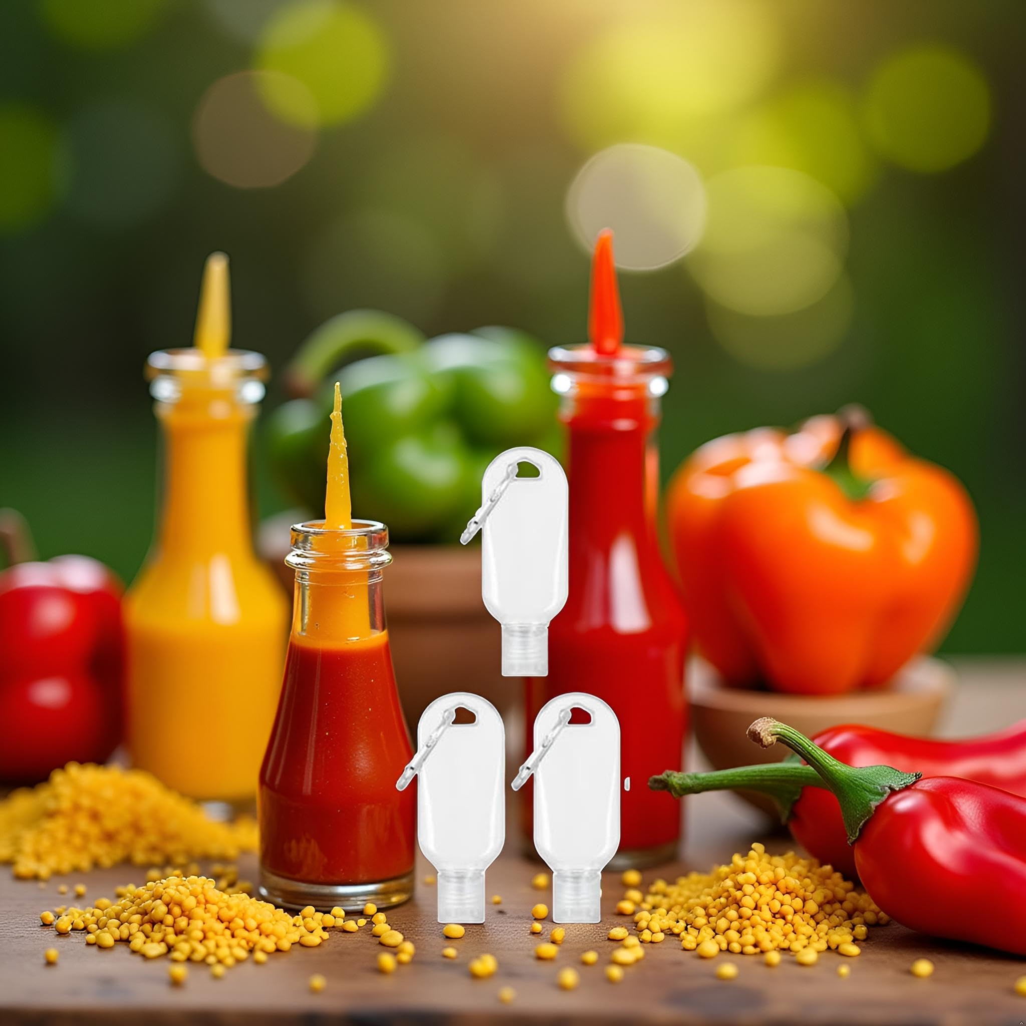 3 Pcs Portable Hot Sauce Keychain Bottles - Mini Ketchup Containers 2oz/50ml Bottles,Sauces for On-The-Go - Refillable Travel Size Keychain,Gravies