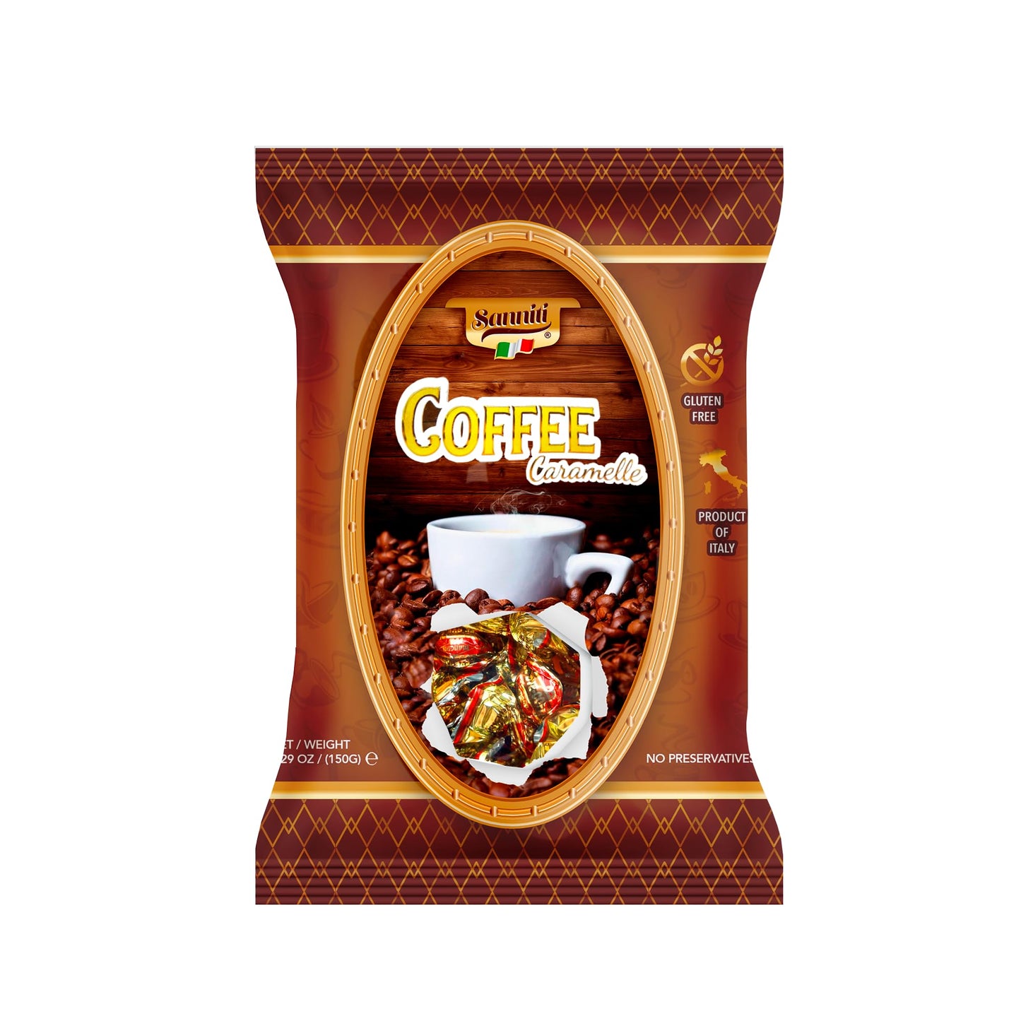 Sanniti Italian Hard Candy Caramelle | Gluten Free, No Preservatives | Product of Italy, 5.29 oz Bag (150 Grams, Coffee)