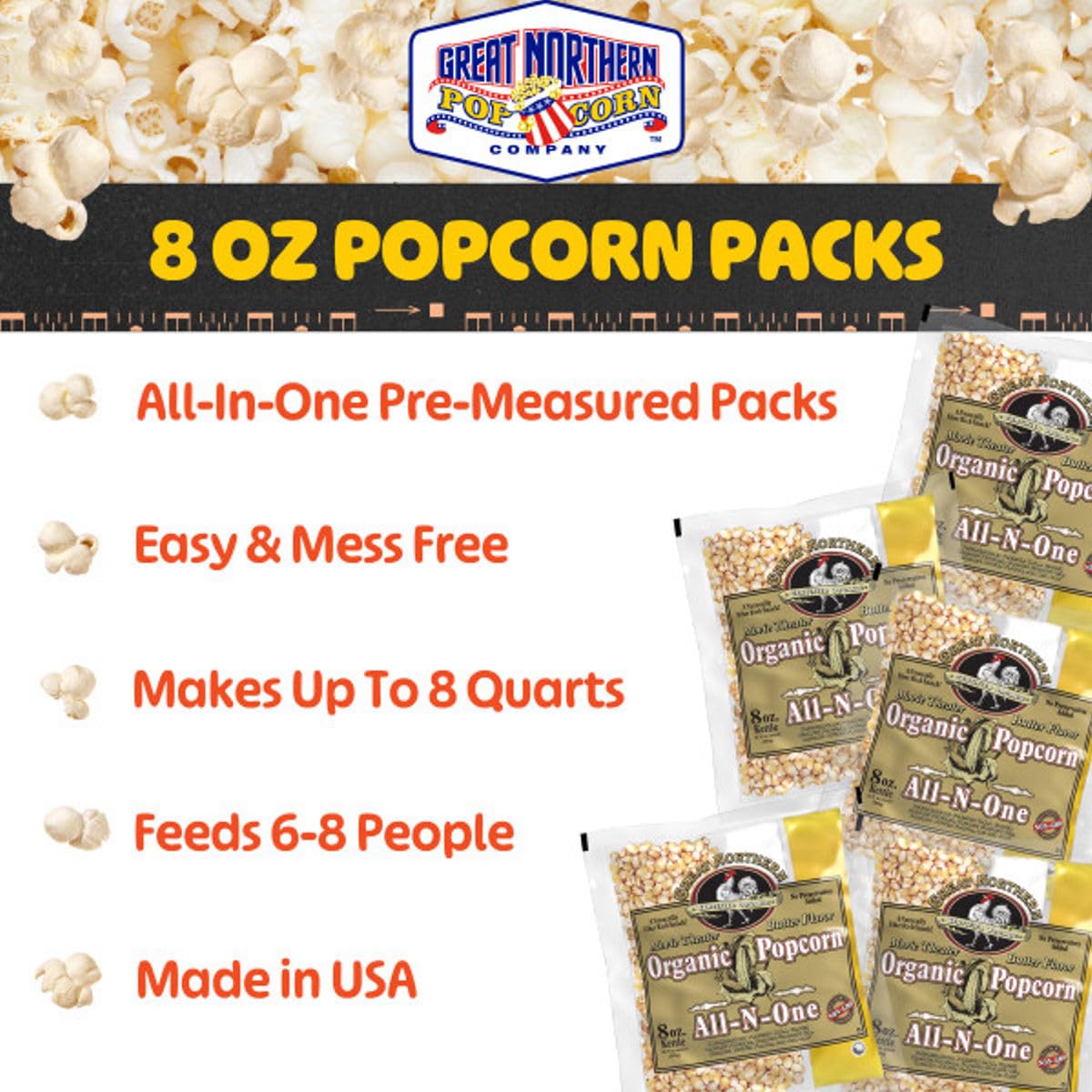 18-Count Organic Popcorn Packets - Pre-Measured 8-Ounce All-in-One Popping Machine Packs with Coconut Oil and Buttered Salt by Great Northern Popcorn