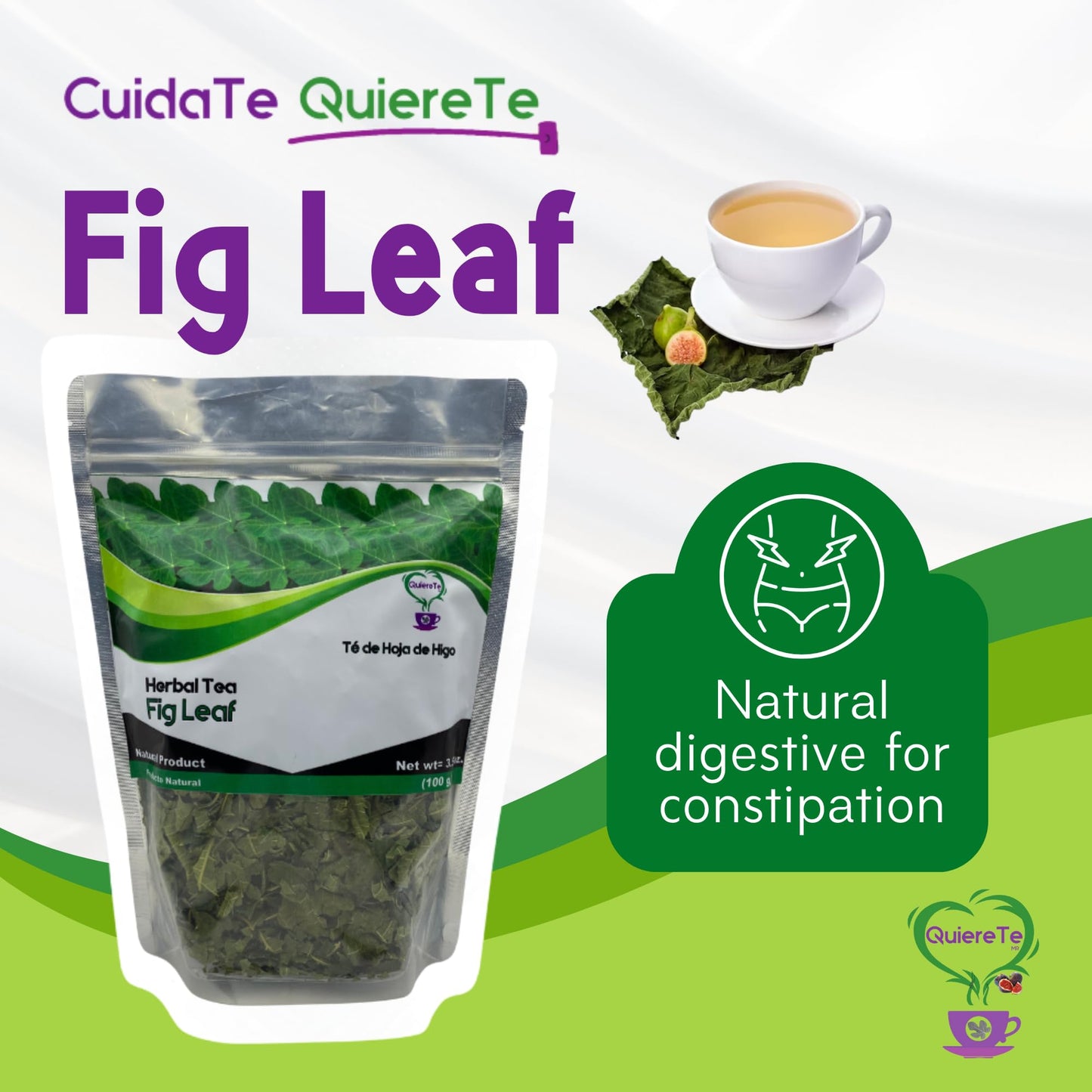 Fig Leaf Tea, Hoja de Higo, Quiere Te, 3.5 oz (100 grams), 1 Pack, Up to 66 Cups, Crushed Fig Leaf Tea, Loose Leaves, 100% Natural, Resealable Bag