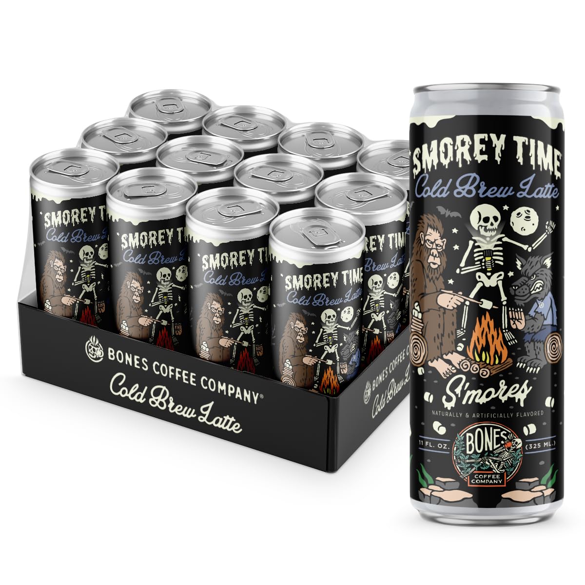 Bones Coffee Company S'mores Iced Coffee Latte - S'mores Flavored Canned Coffee Drink - 12 Pack Cans - 11 Oz Each