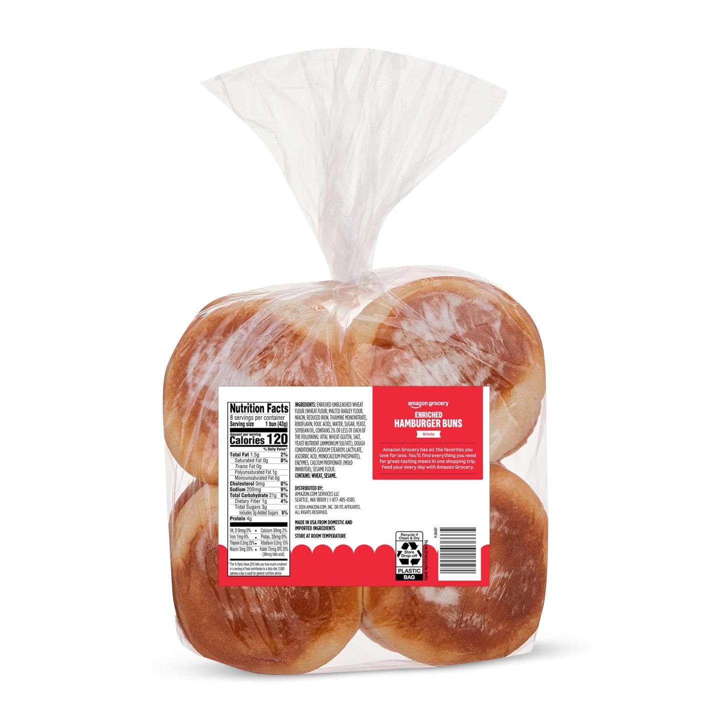 Amazon Grocery, White Enriched Hamburger Buns, 12 Oz, 8 Ct