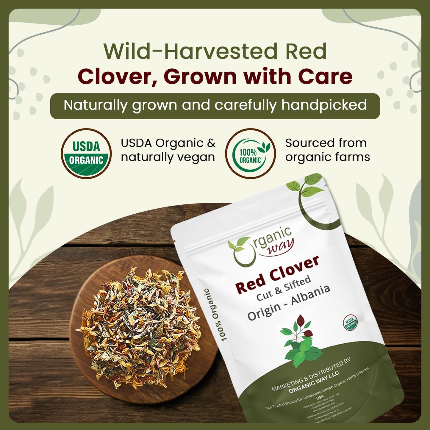 Organic Way Red Clover Flower Cut & Sifted (Trifolium Pratense) Herbal Tea | European Wild-Harvest | Organic & Kosher Certified | USDA Certified |