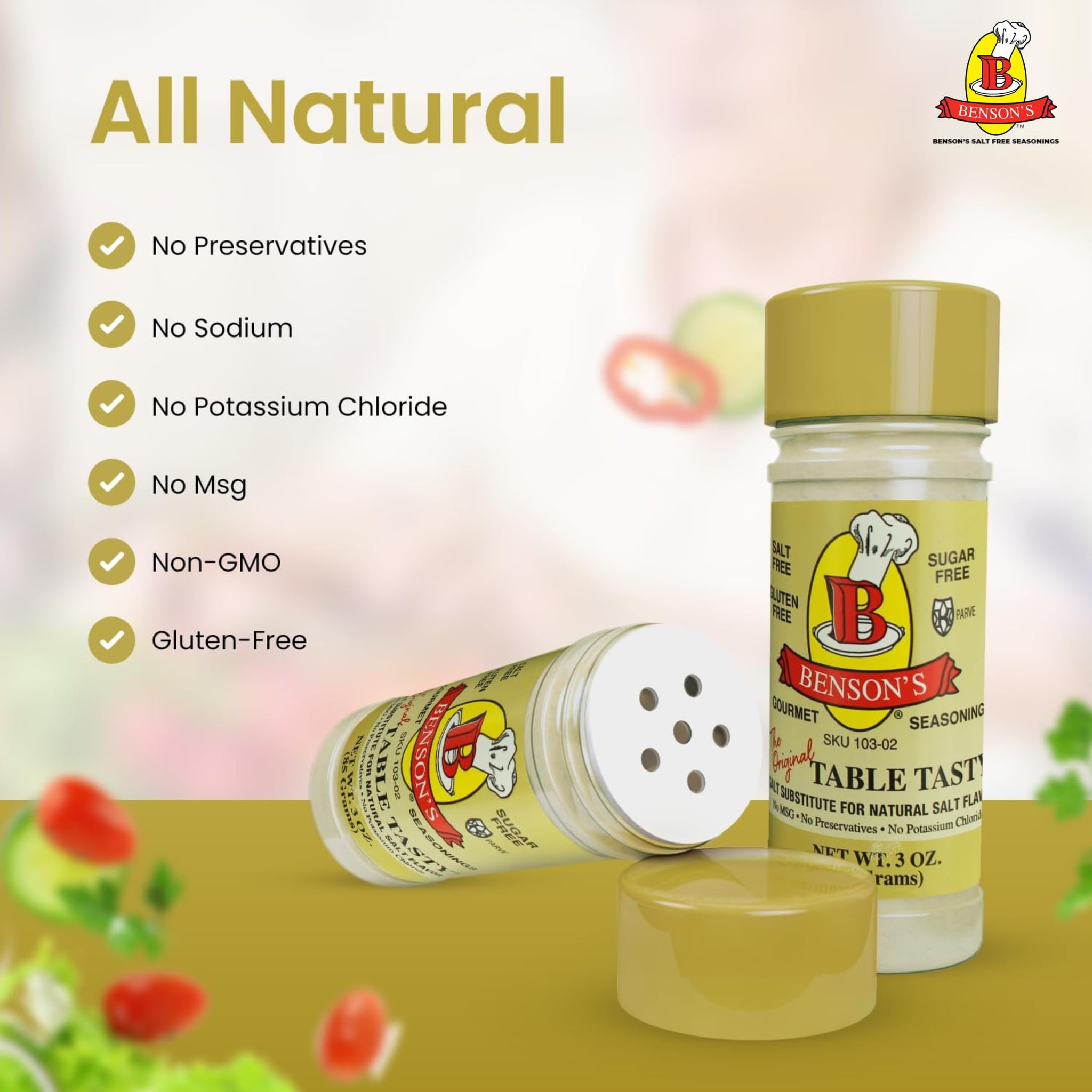 Benson’s - Table Tasty Salt Substitute, Salt-Free Gourmet Popcorn Seasoning, No Sodium, No Potassium Chloride, No MSG, Gluten Free, 3oz Bottle