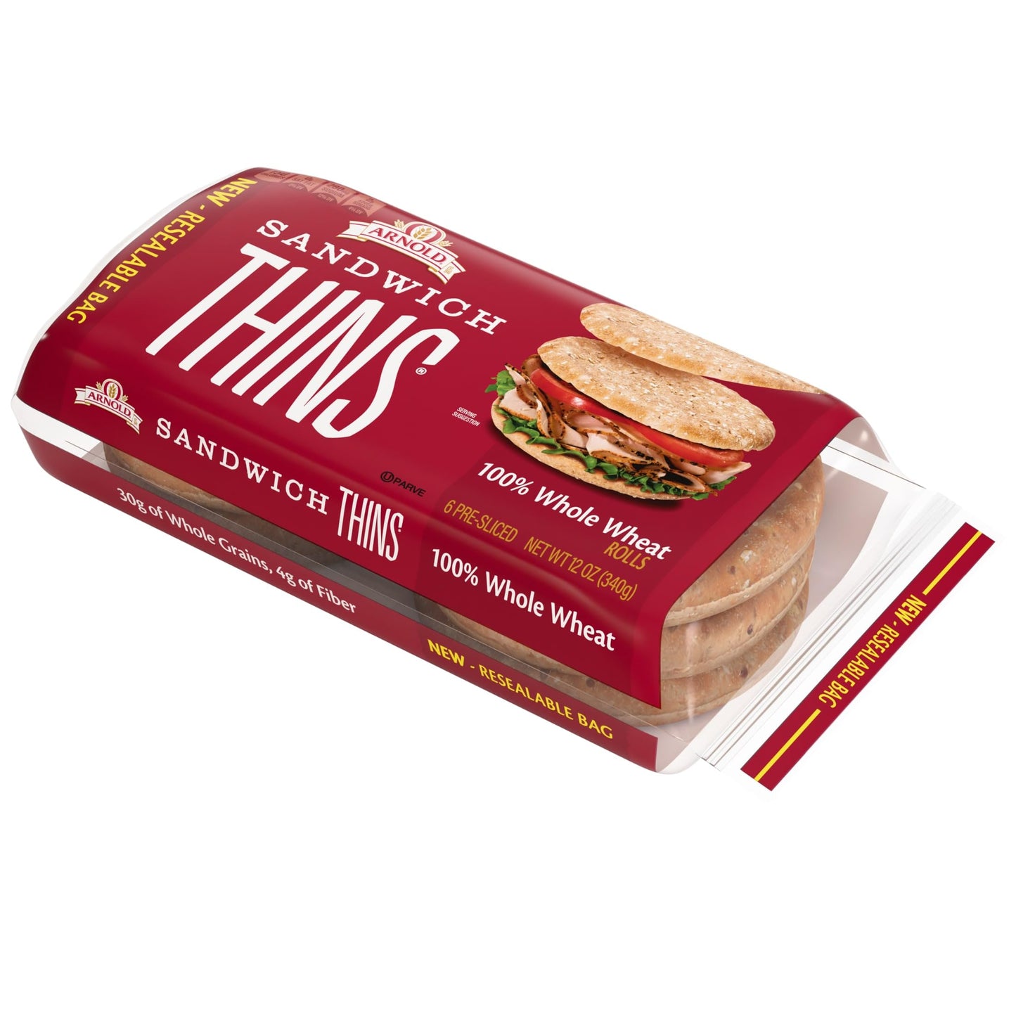 Arnold 100% Whole Wheat Sandwich Thins Rolls, Sandwich Rounds Free From Artificial Colors, Flavors and Preservatives, 6 Sandwich Rolls