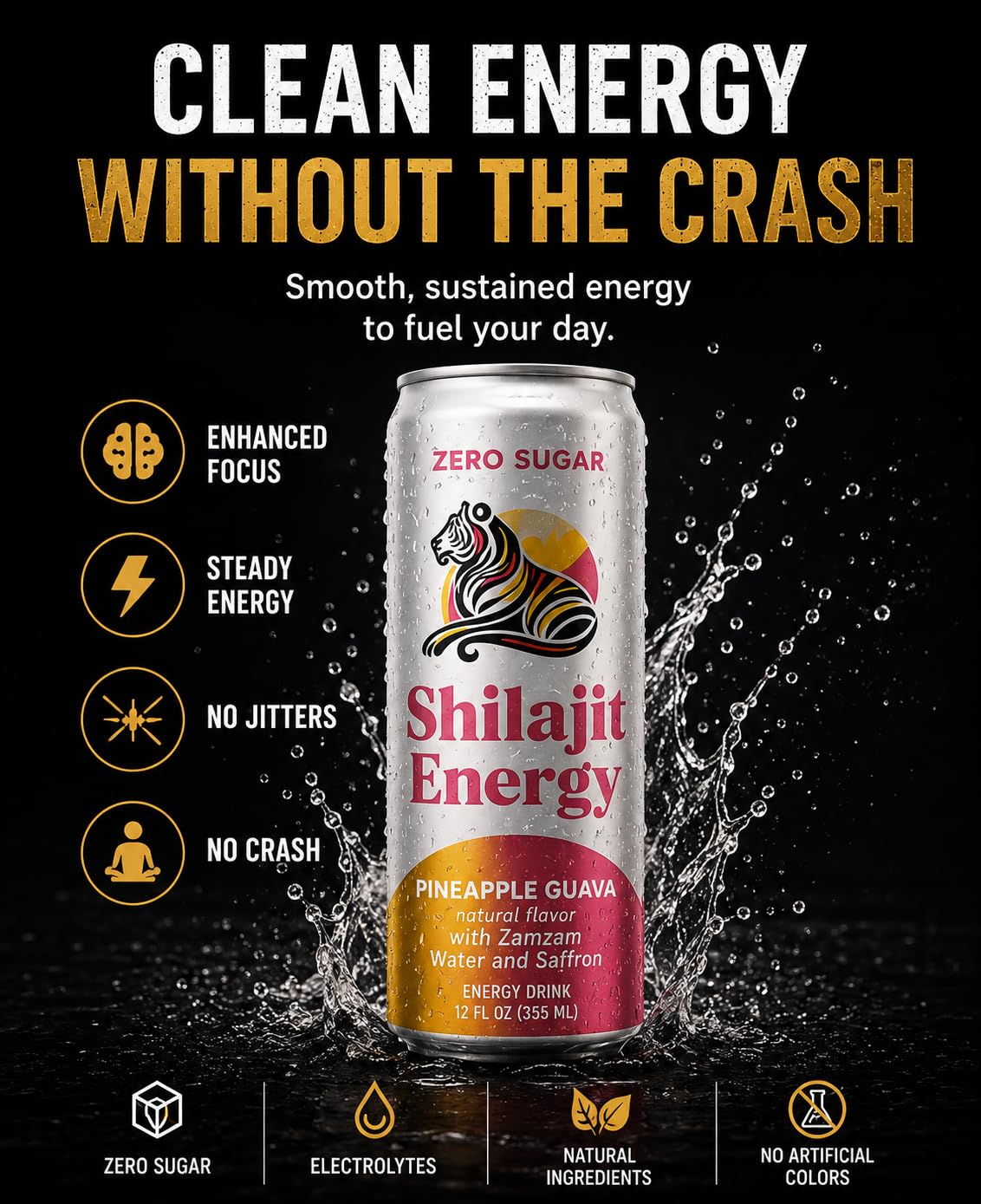 Zero Sugar Energy Drink with Shilajit & Saffron - Pineapple Guava - 12 Pack (12oz Cans) - Electrolytes, Pink Salt & Zam Zam Water - No Crash Energy