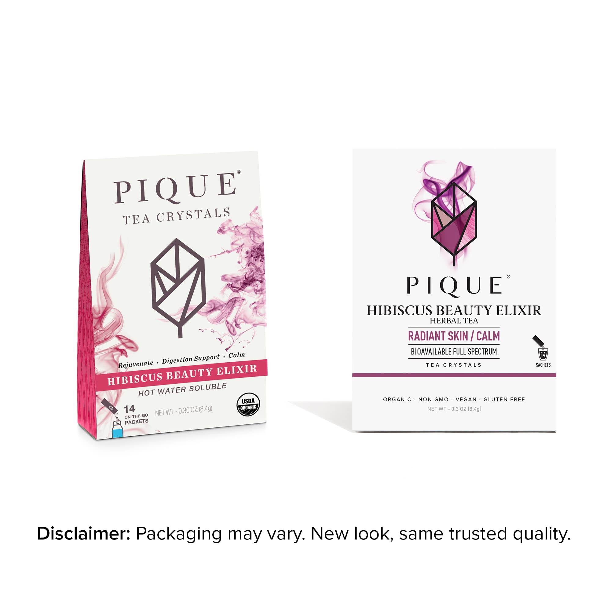 Pique Organic Hibiscus Tea Crystals - Powerful Antioxidants and Caffeine-Free Herbal Tea, Real Egyptian Flower for Glowing Skin - 14 Single Serve