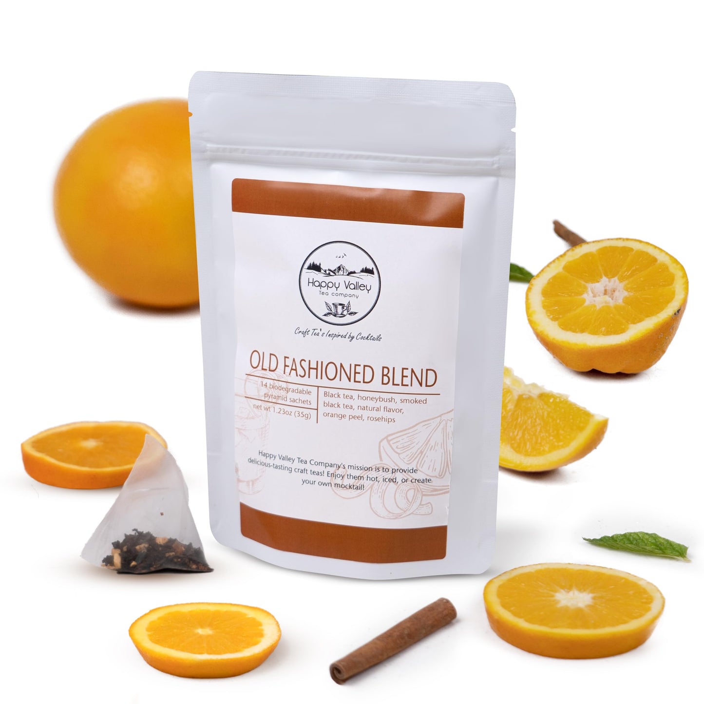 Old Fashioned Craft Tea Blend by Happy Valley Tea - Inspired by Cocktails - Smoky Black - 14 biodegradable Sachets - Enjoy Hot, Iced, or Mocktail